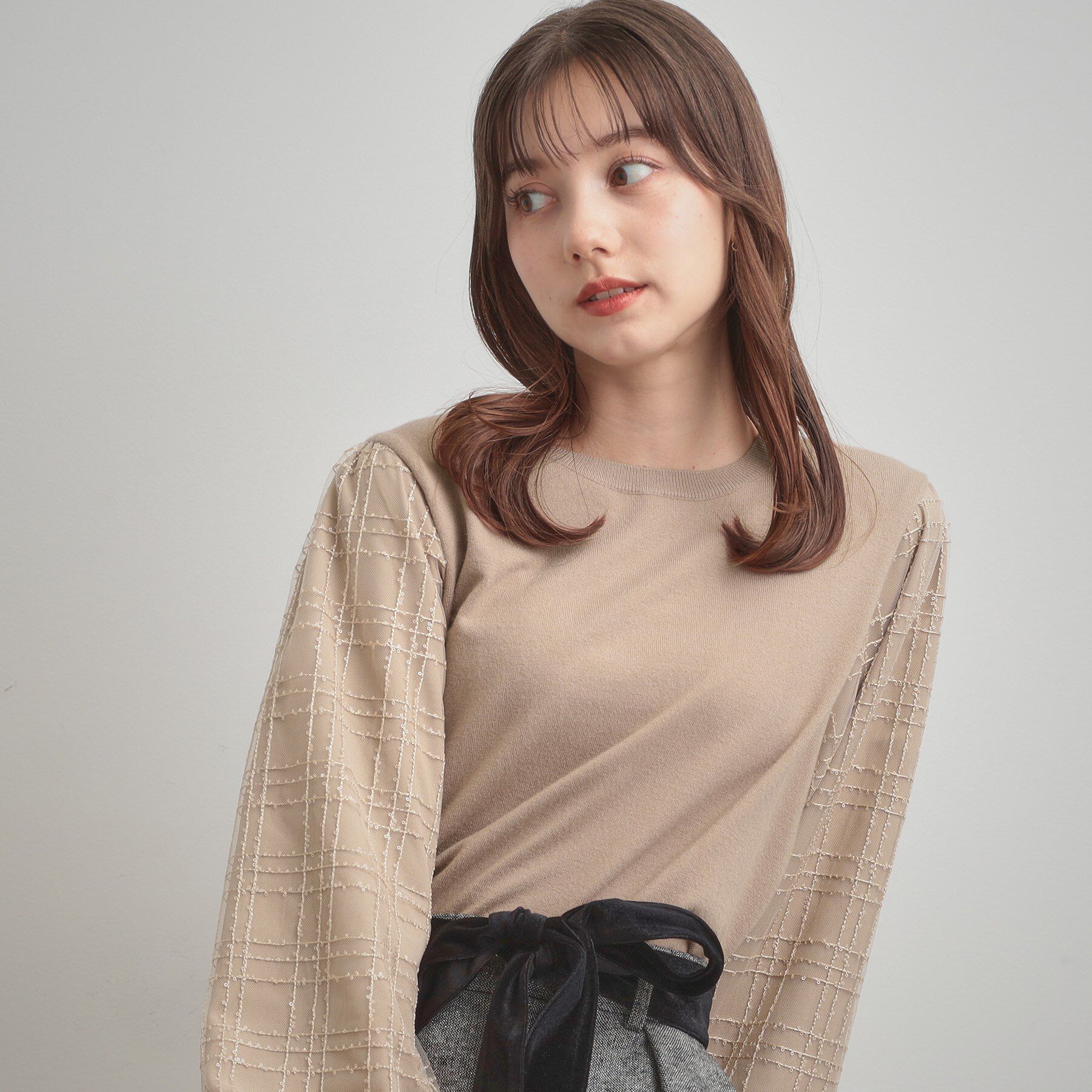 Couture broach「【フェミニン・着映え】袖チェックチュール ドッキングニット」|ニット・セーター|