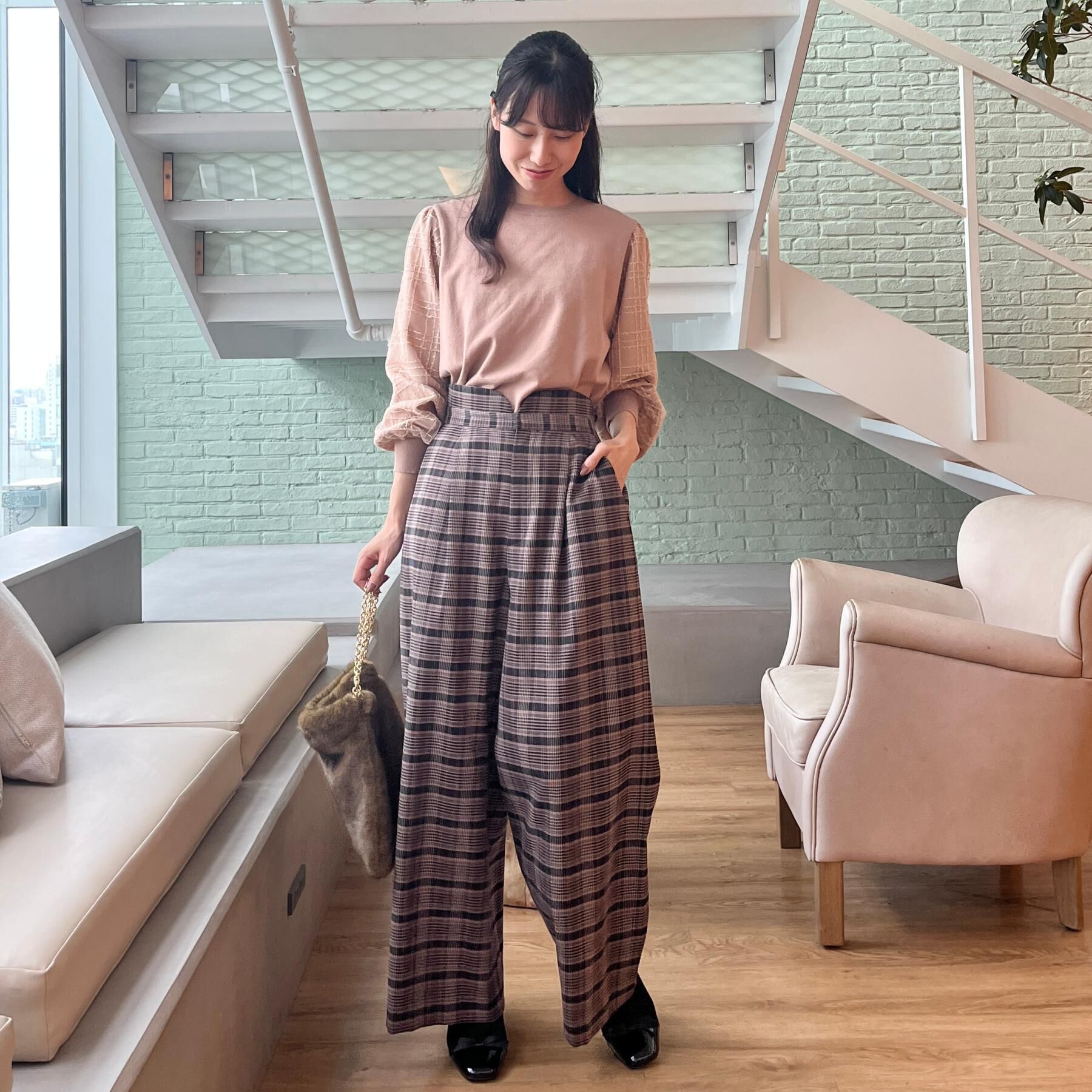 Couture broach「【フェミニン・着映え】袖チェックチュール ドッキングニット」|ニット・セーター|