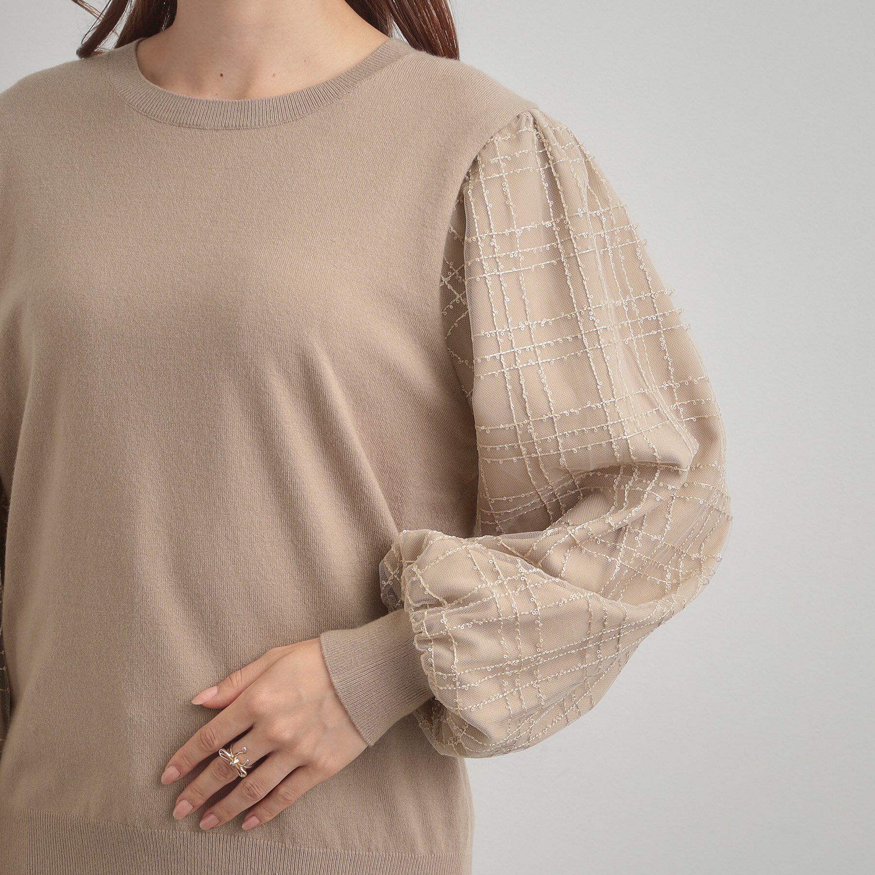 Couture broach「【フェミニン・着映え】袖チェックチュール ドッキングニット」|ニット・セーター|