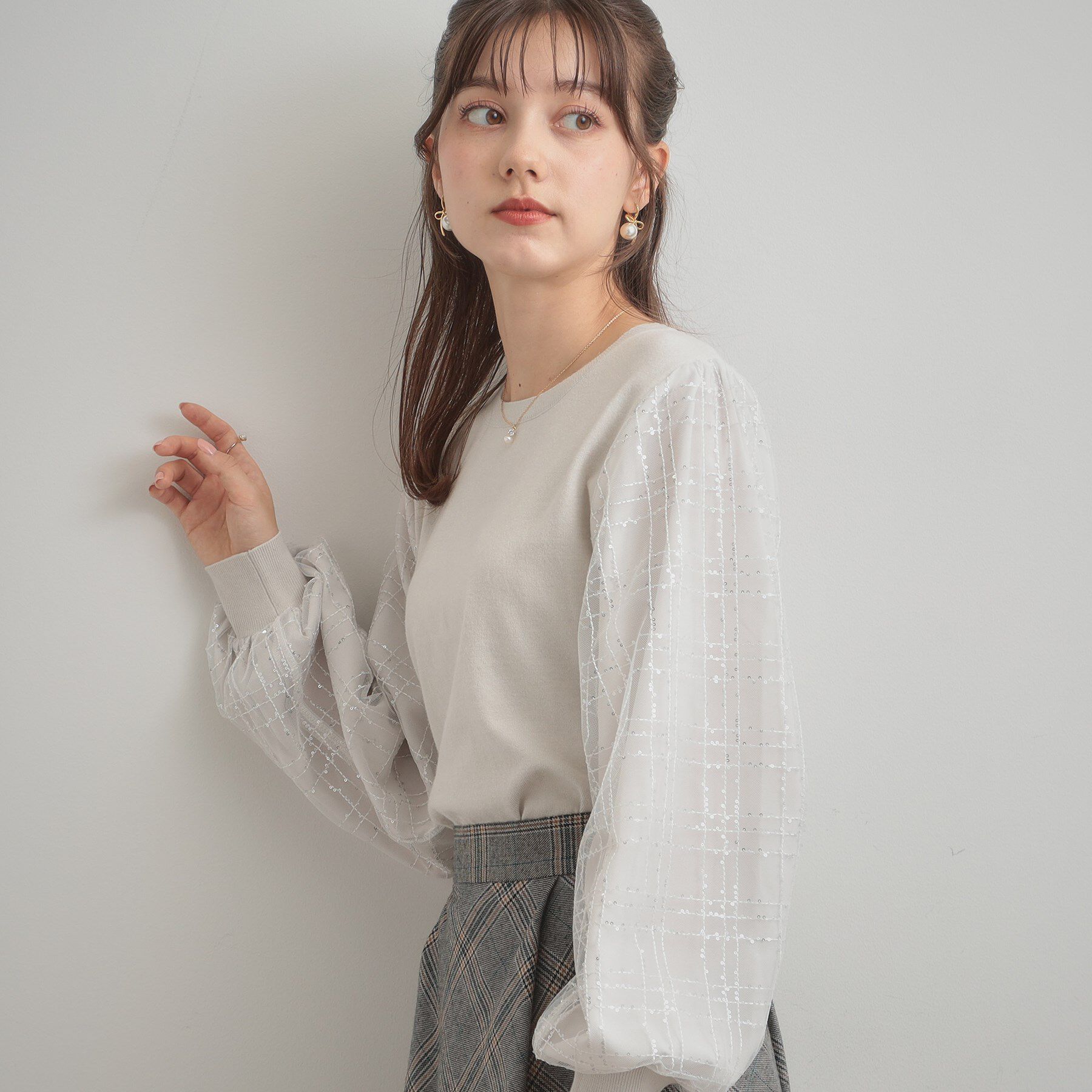 Couture broach「【フェミニン・着映え】袖チェックチュール ドッキングニット」|ニット・セーター|