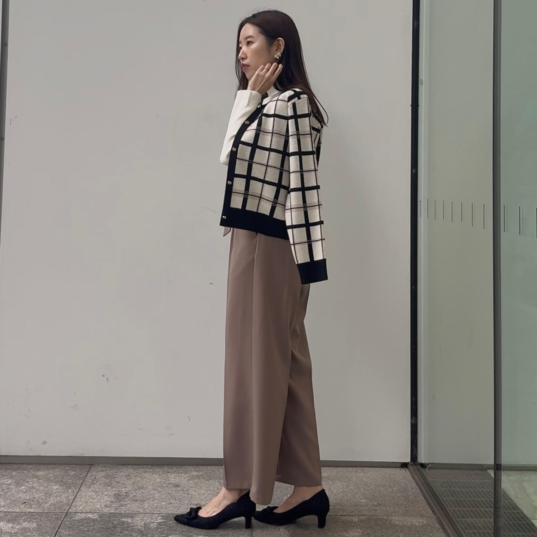 Couture broach「【大人可愛い・通勤】チェックジャカード ニットカーディガン」|カーディガン|