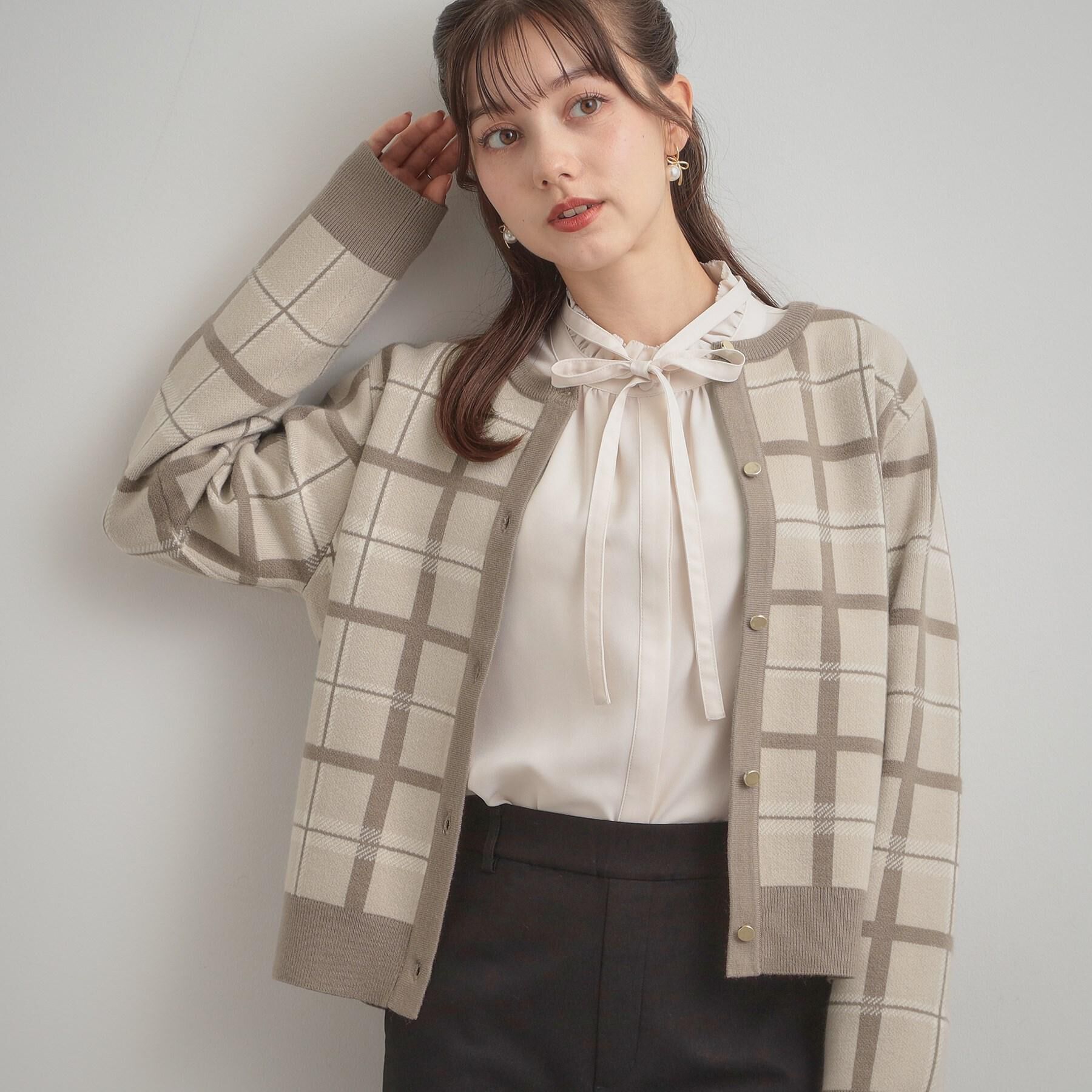 Couture broach「【大人可愛い・通勤】チェックジャカード ニットカーディガン」|カーディガン|