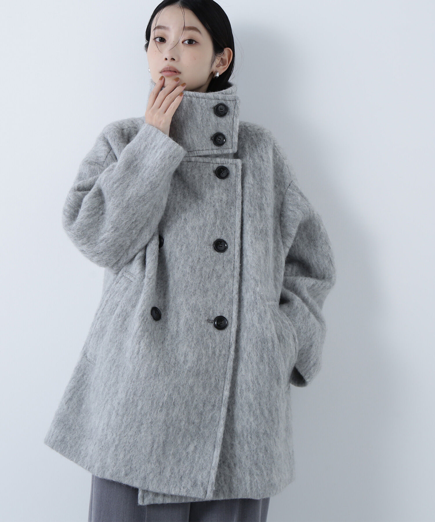  「スタンドネックシャギーミディコート」|ブルゾン・スタジャン|グレー