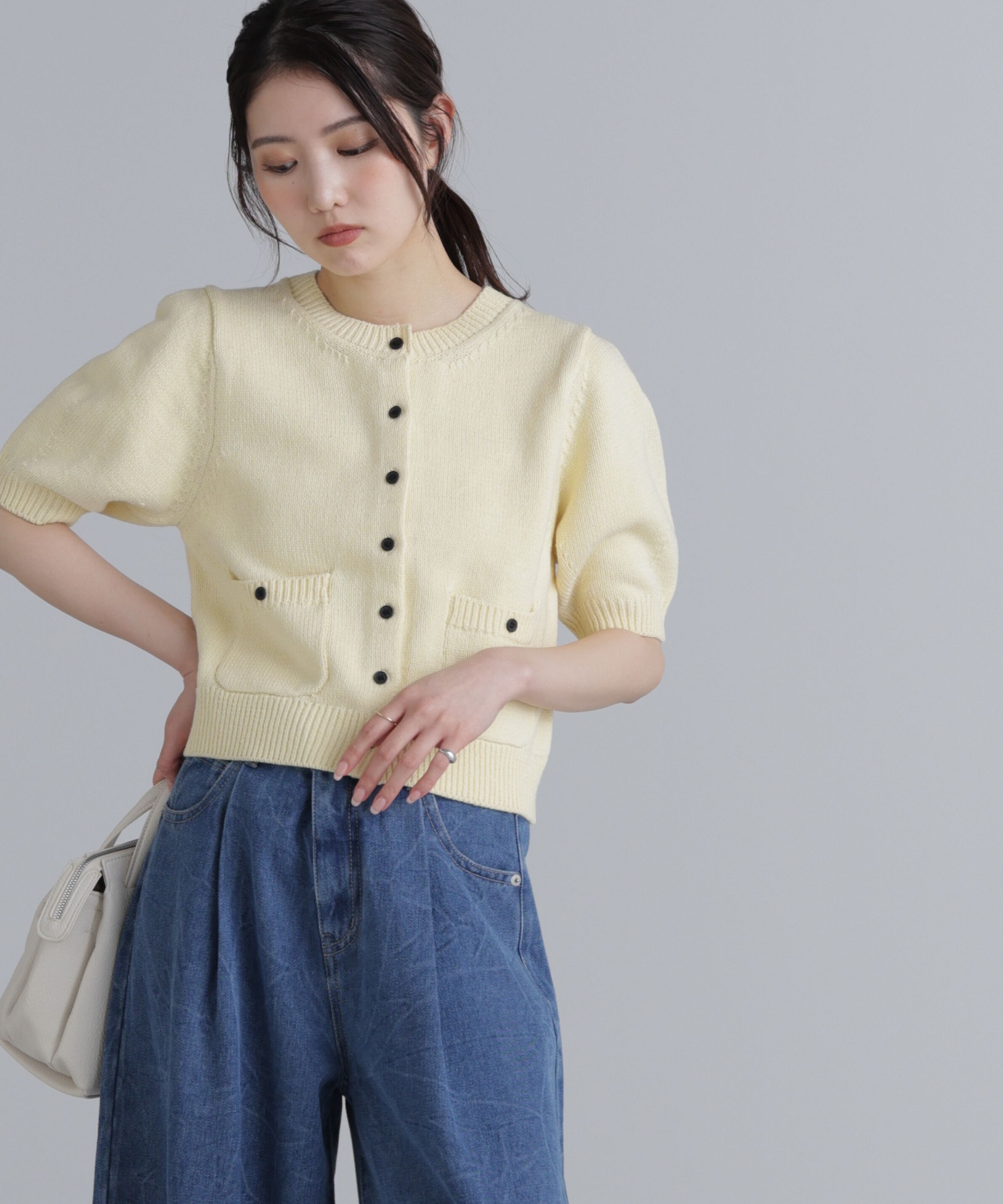  「フロントポケット半袖カーディガン」|ニット・セーター|