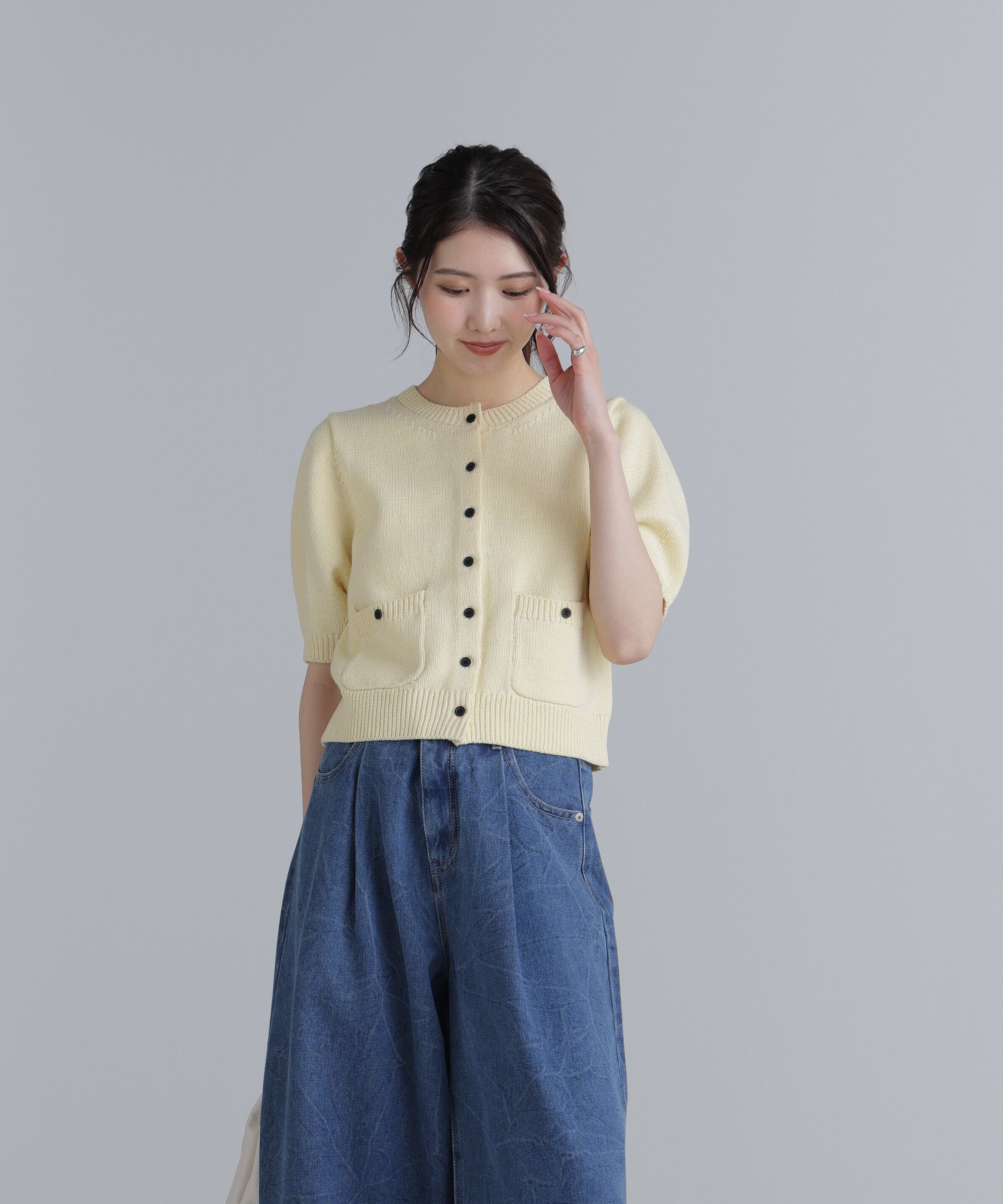  「フロントポケット半袖カーディガン」|ニット・セーター|