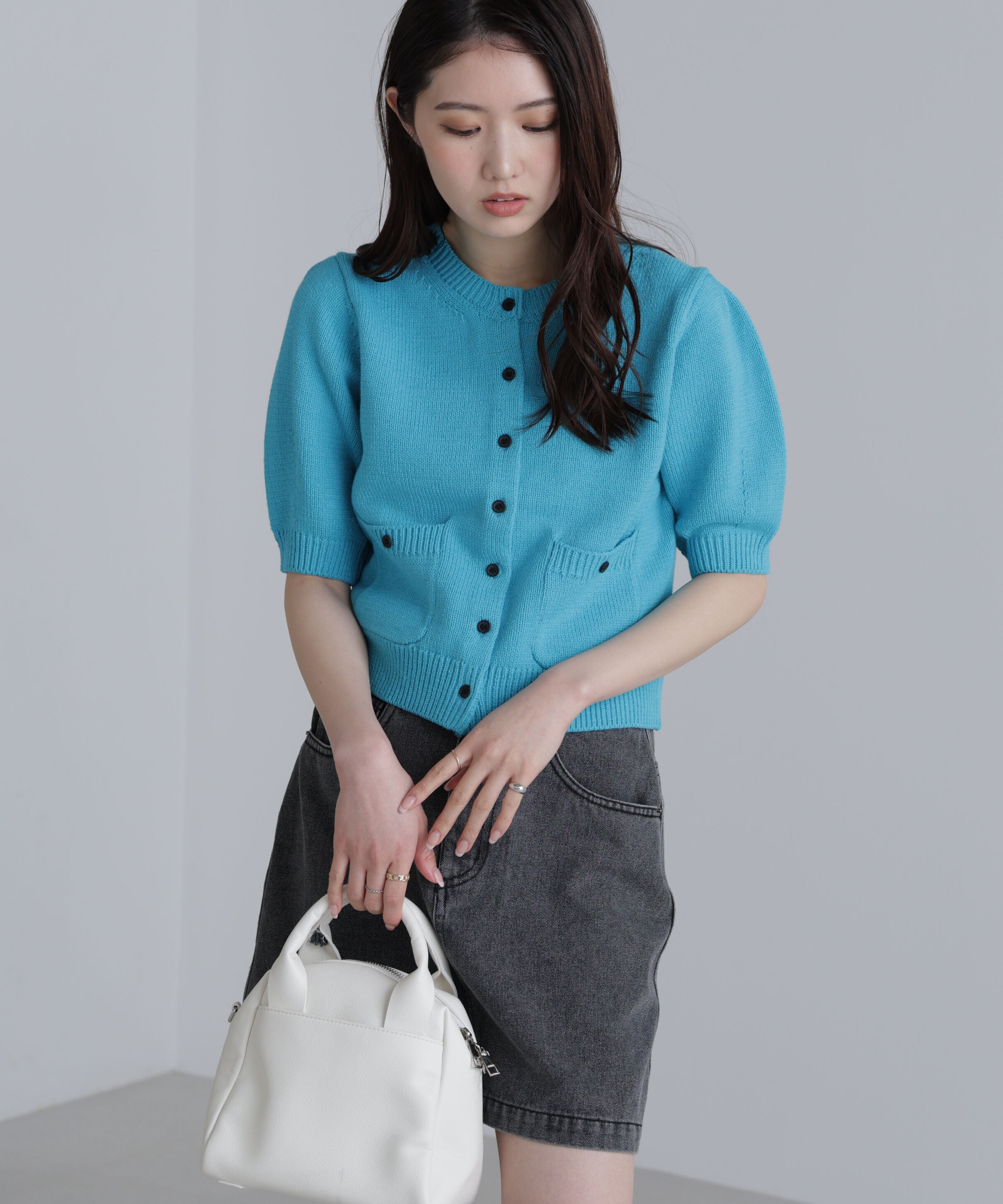  「フロントポケット半袖カーディガン」|ニット・セーター|