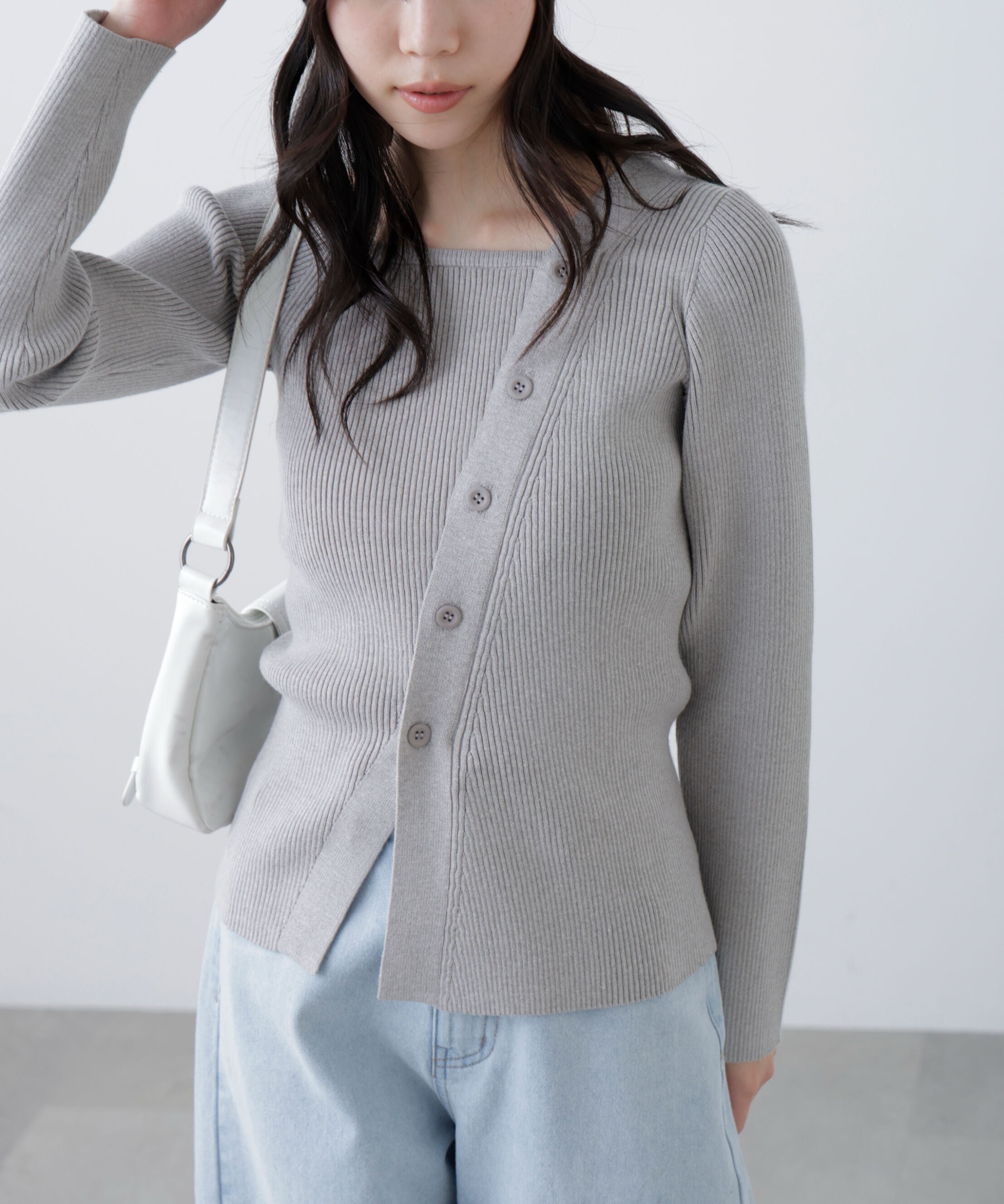  「アシメボタンリブニット」|ニット・セーター|グレー