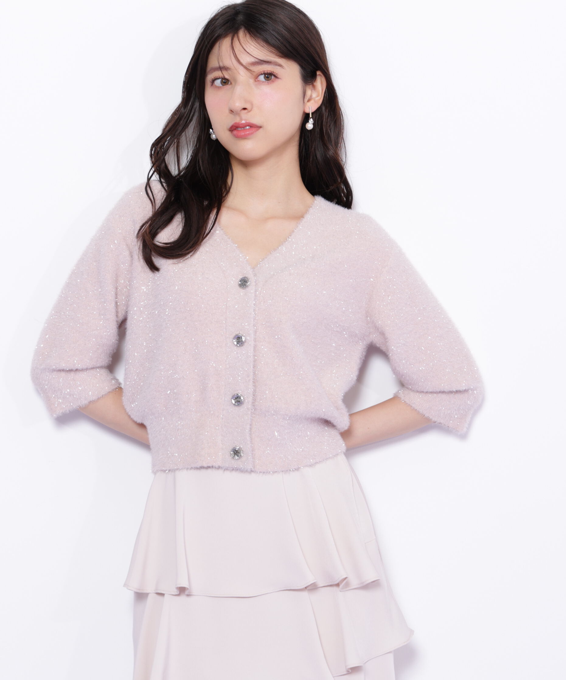  「ラメフェザー半袖カーディガン」|ニット・セーター|