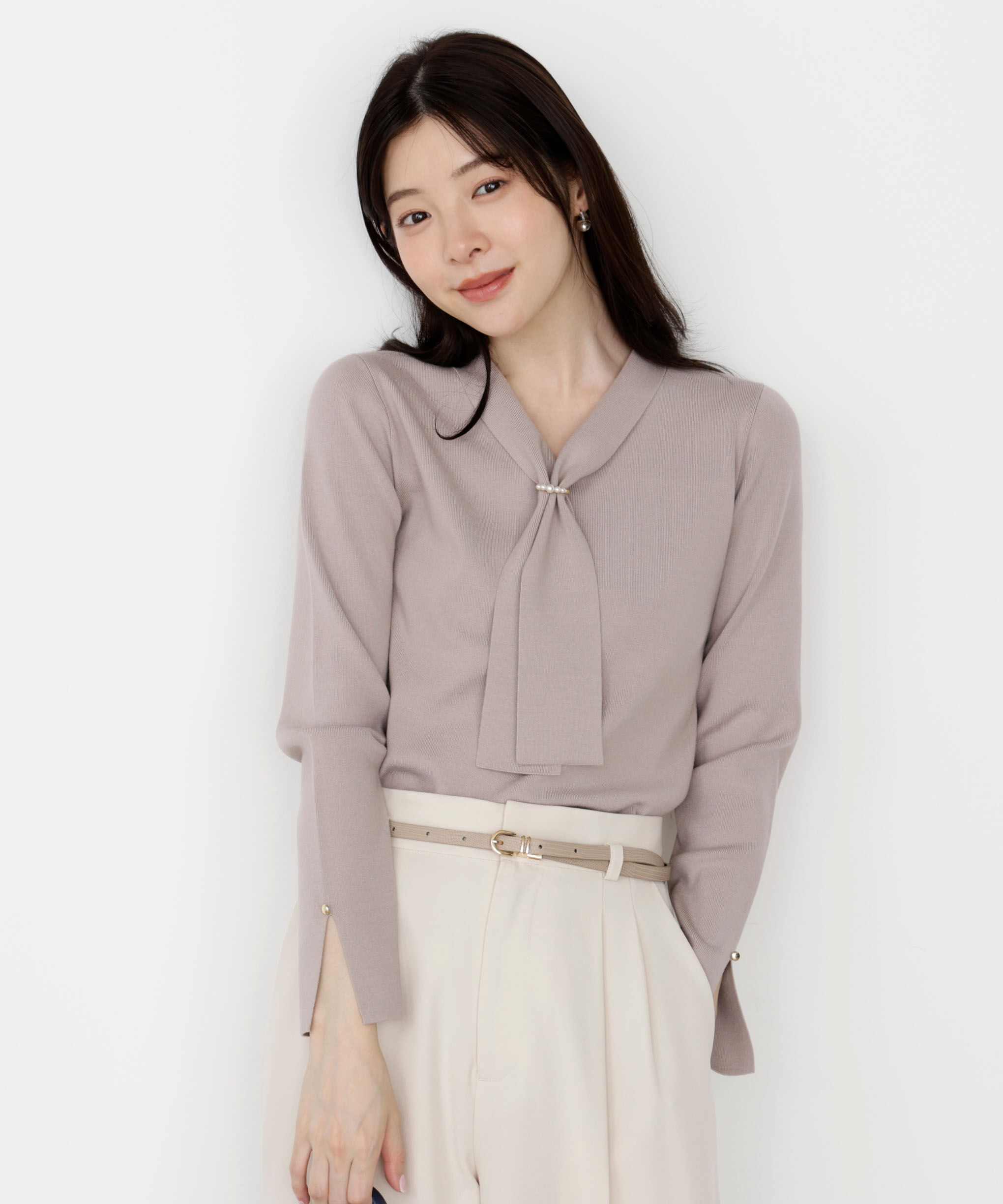 PROPORTION BODY DRESSING「パールリングボウタイニット 25AW」|ニット・セーター|グレージュ