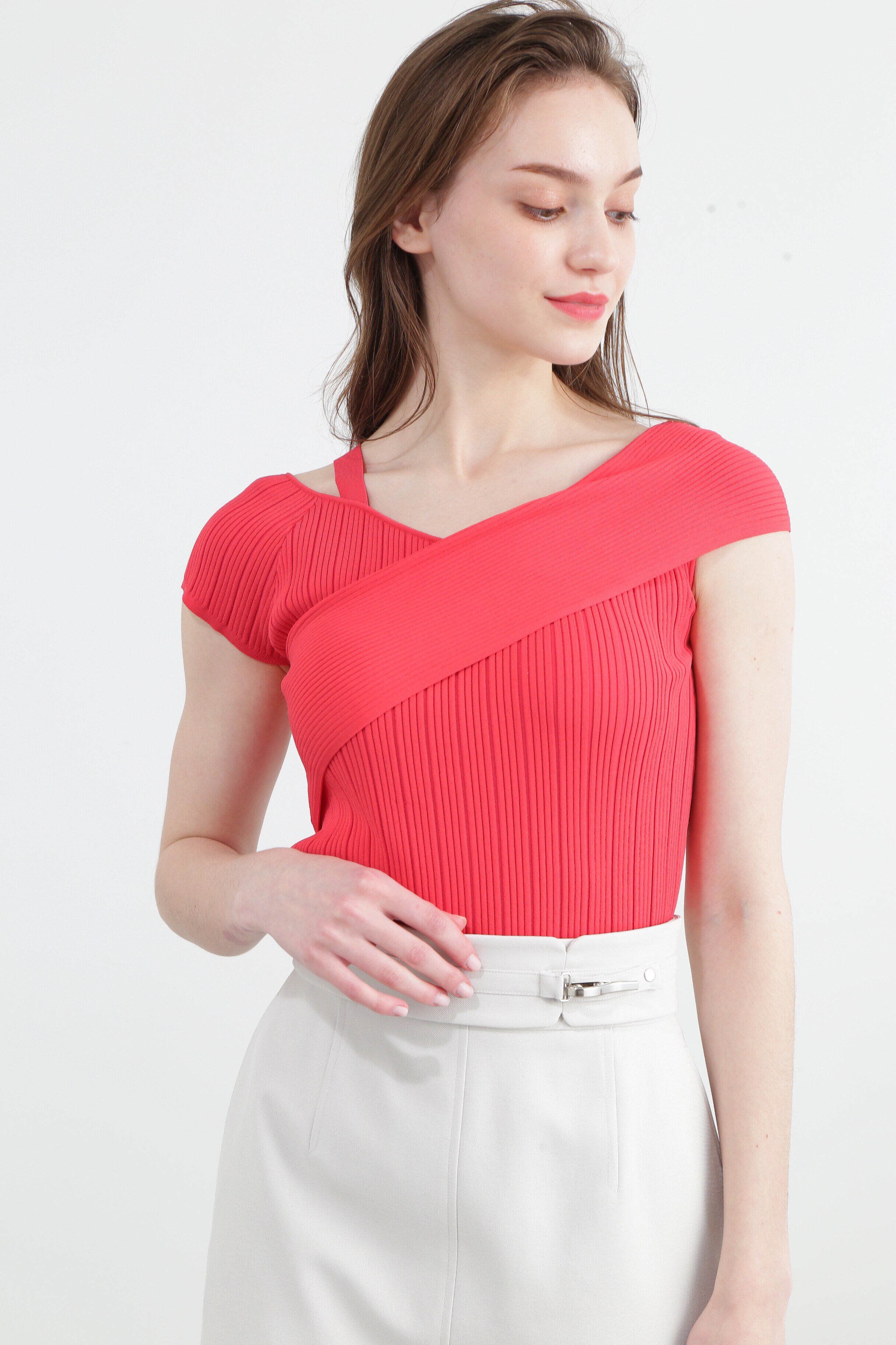  「◆アシンメトリーリブニットトップス」|ニット・セーター|レッド