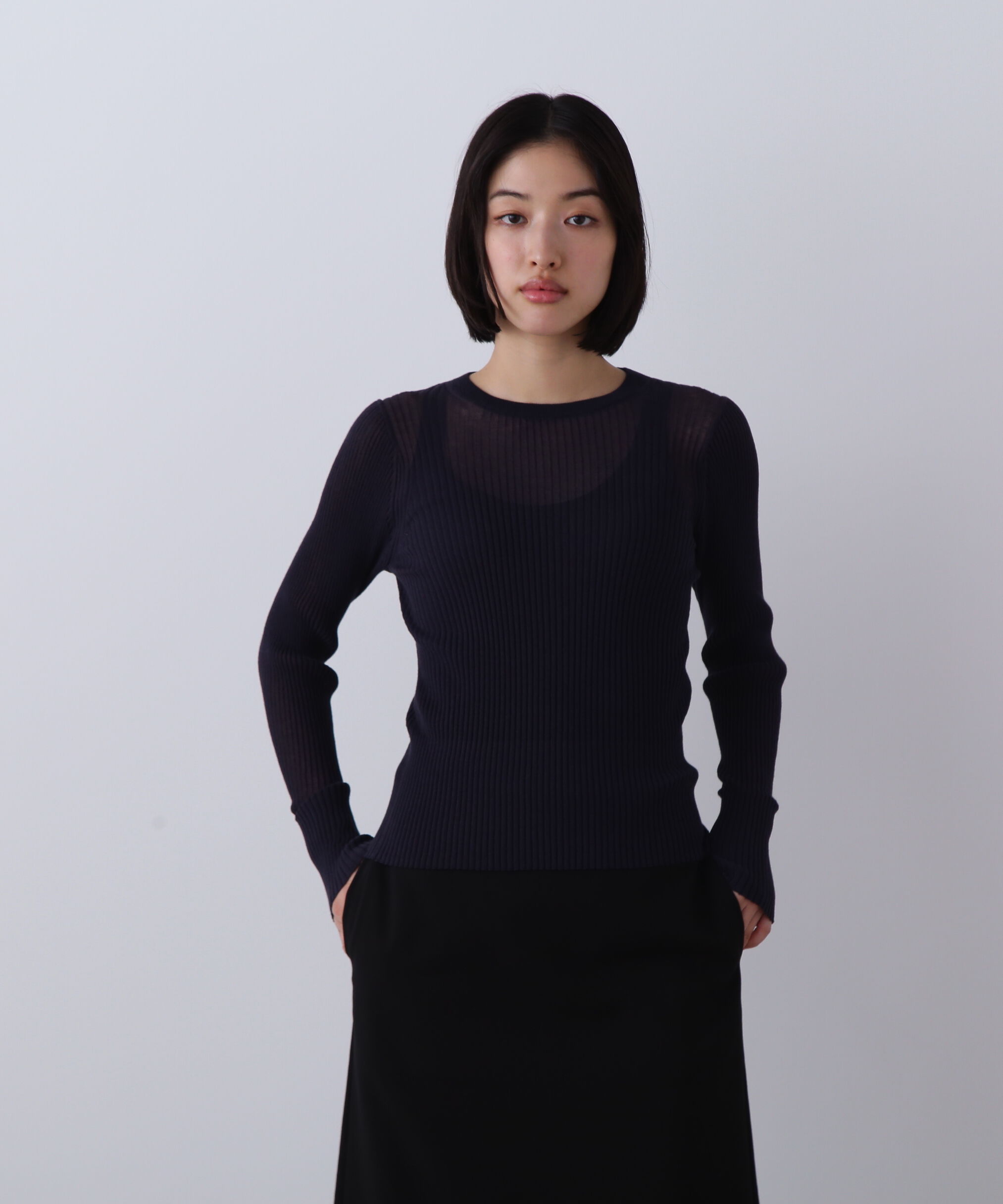 YLEVE 「YLEVE / SHEER RIB KNIT LONG SLEEVE PULLOVER」|ニット・セーター|ネイビー