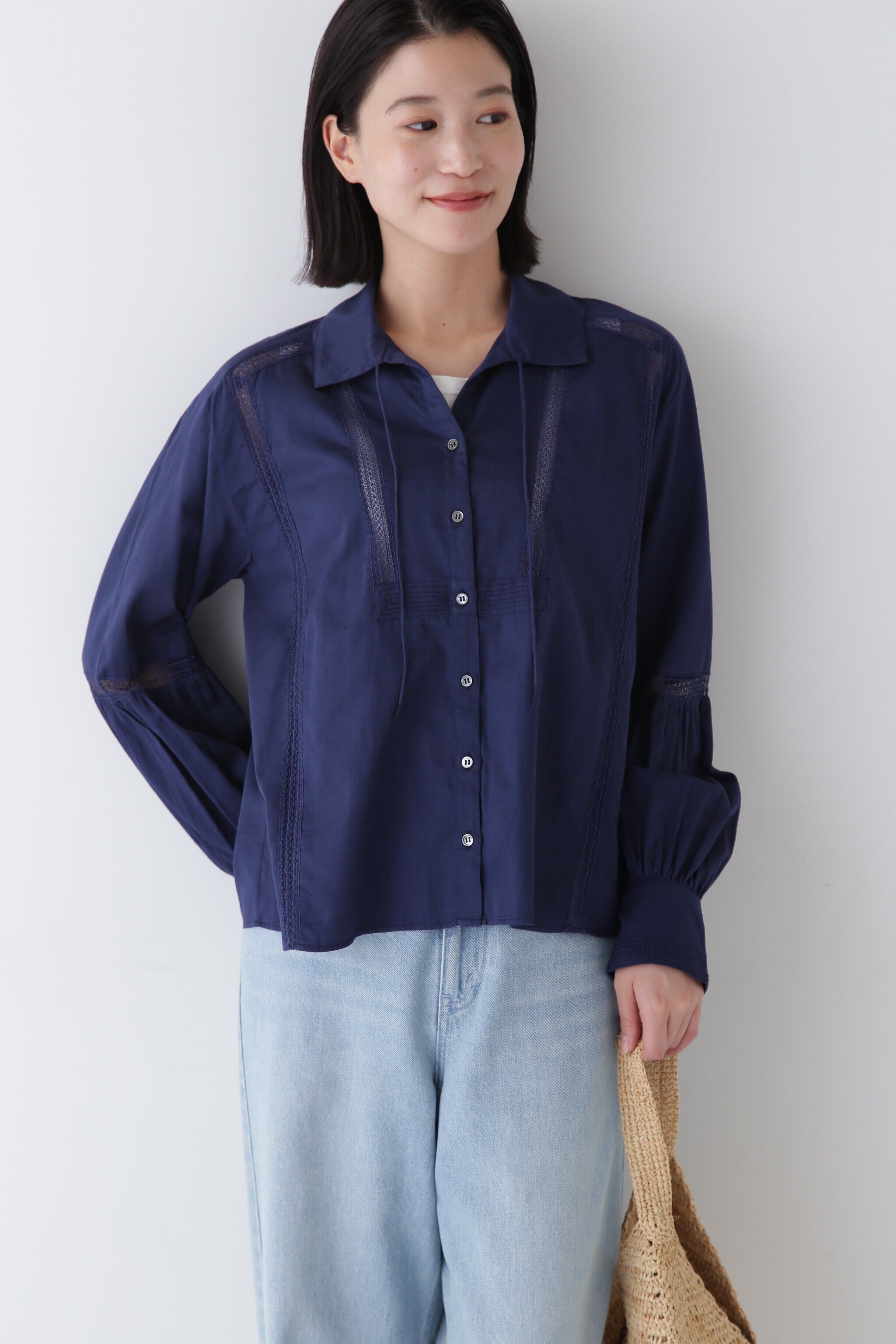  「◆コットンサテンインドスキッパーブラウス」|シャツ・ブラウス|ネイビー