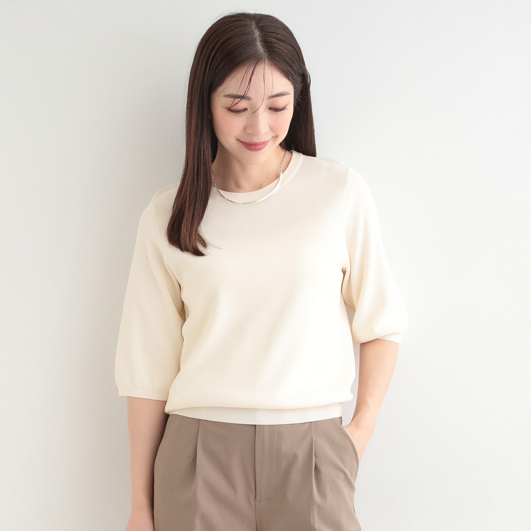 SHOO･LA･RUE「【毎日洗える/S-LL】上半身がすっきり見える　多機能5分袖ニット」|ニット・セーター|