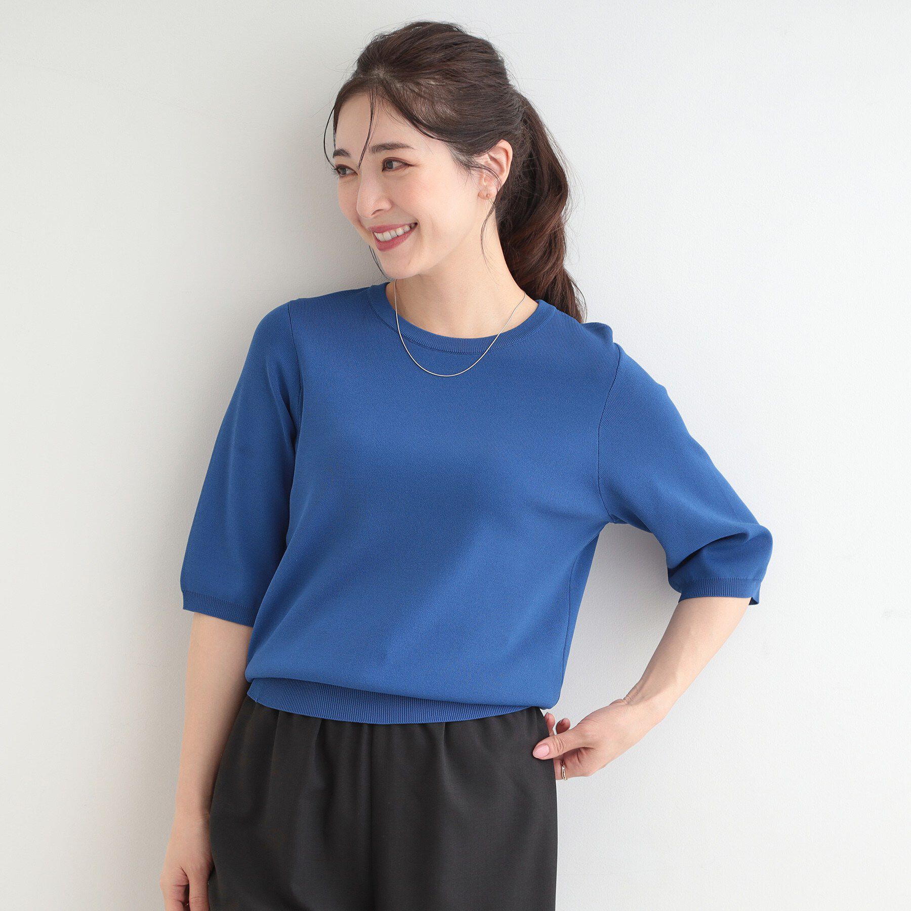 SHOO･LA･RUE「【毎日洗える/S-LL】上半身がすっきり見える　多機能5分袖ニット」|ニット・セーター|