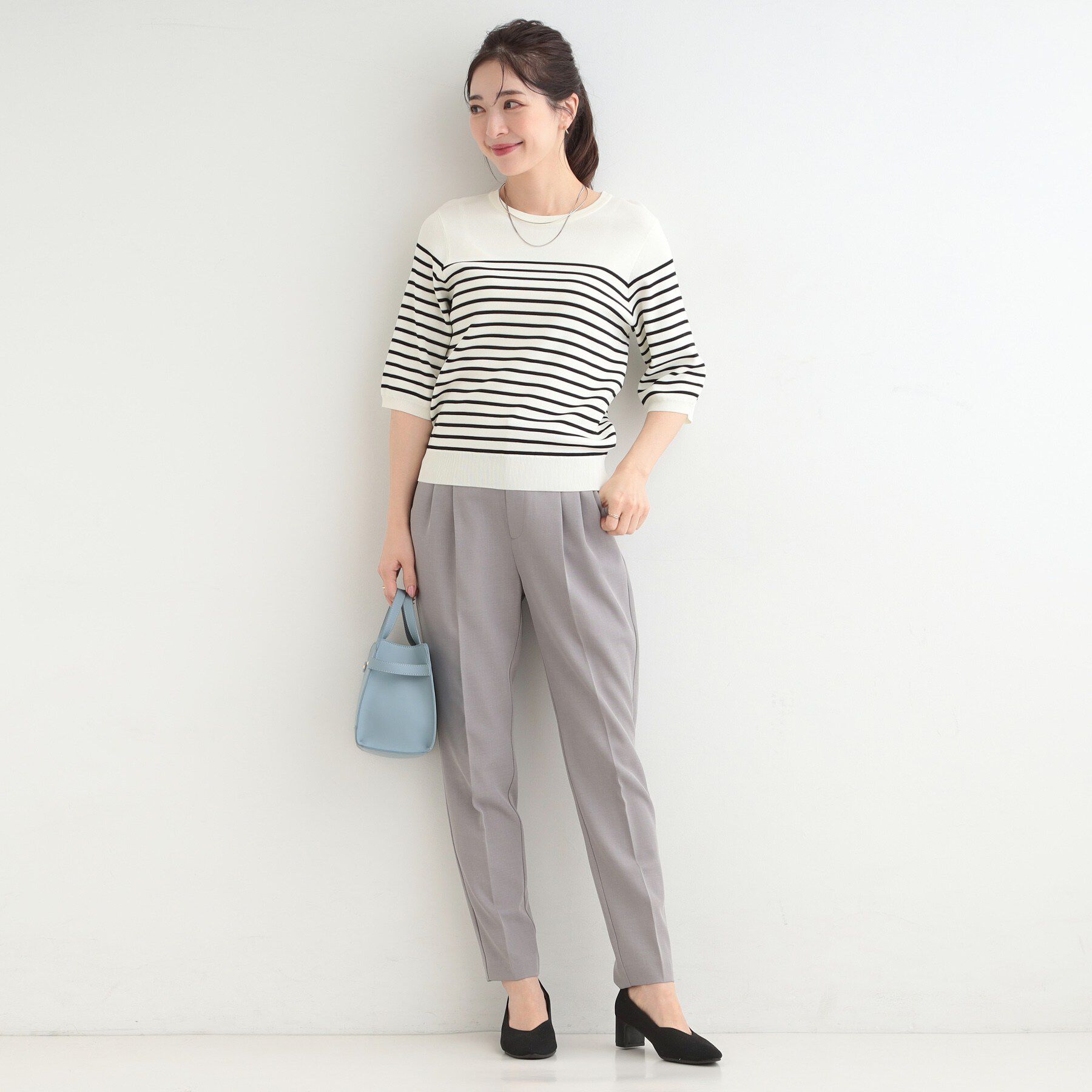 SHOO･LA･RUE「【毎日洗える/S-LL】上半身がすっきり見える　多機能5分袖ニット」|ニット・セーター|