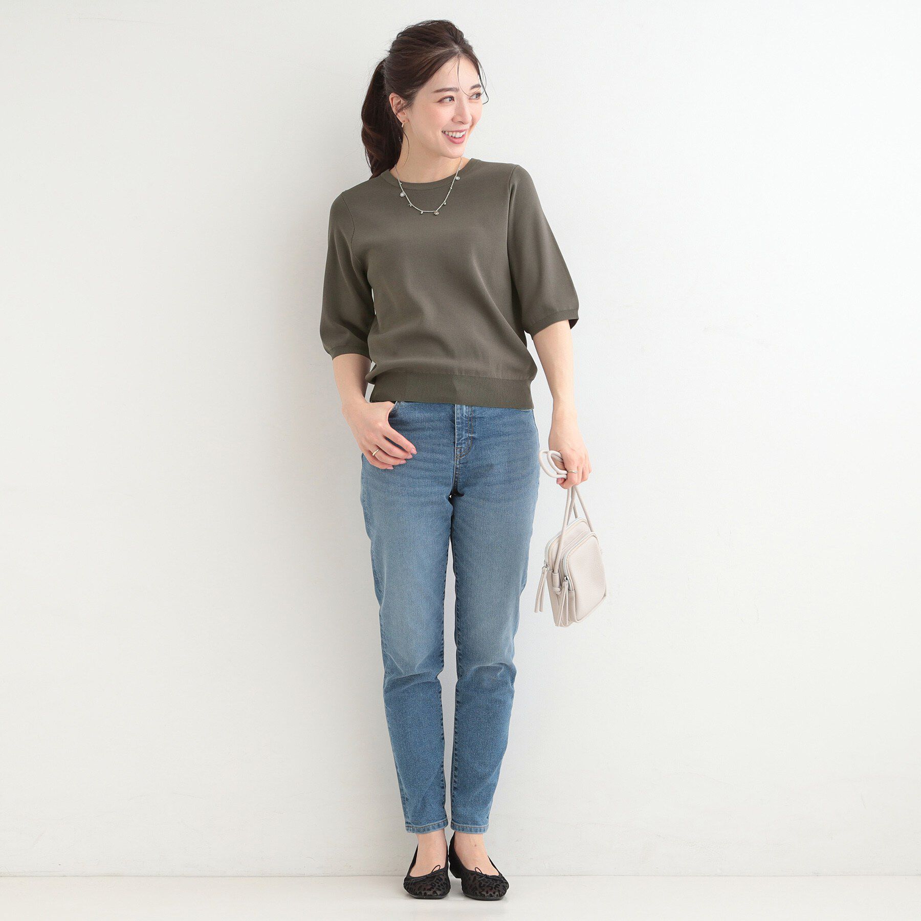 SHOO･LA･RUE「【毎日洗える/S-LL】上半身がすっきり見える　多機能5分袖ニット」|ニット・セーター|