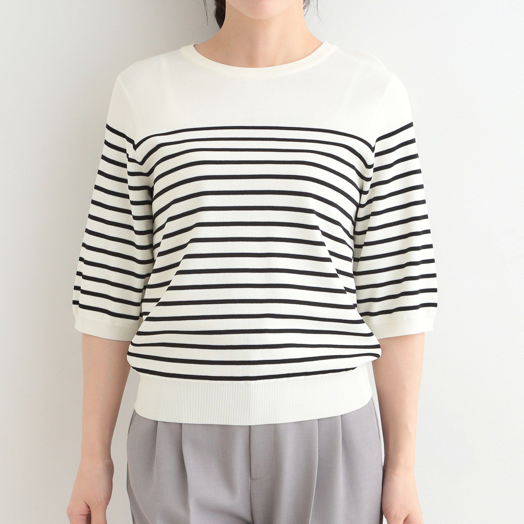 SHOO･LA･RUE「【毎日洗える/S-LL】上半身がすっきり見える　多機能5分袖ニット」|ニット・セーター|