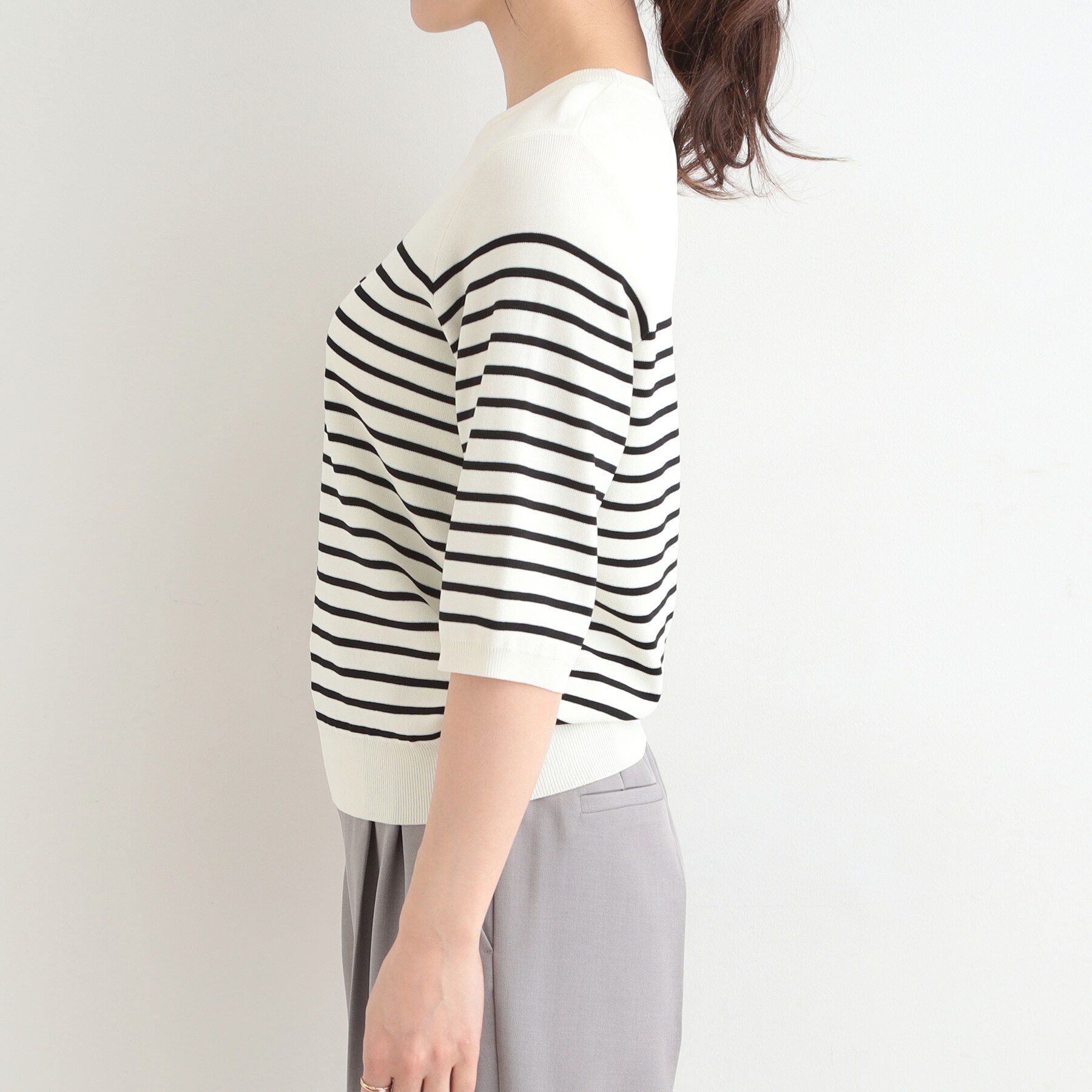 SHOO･LA･RUE「【毎日洗える/S-LL】上半身がすっきり見える　多機能5分袖ニット」|ニット・セーター|