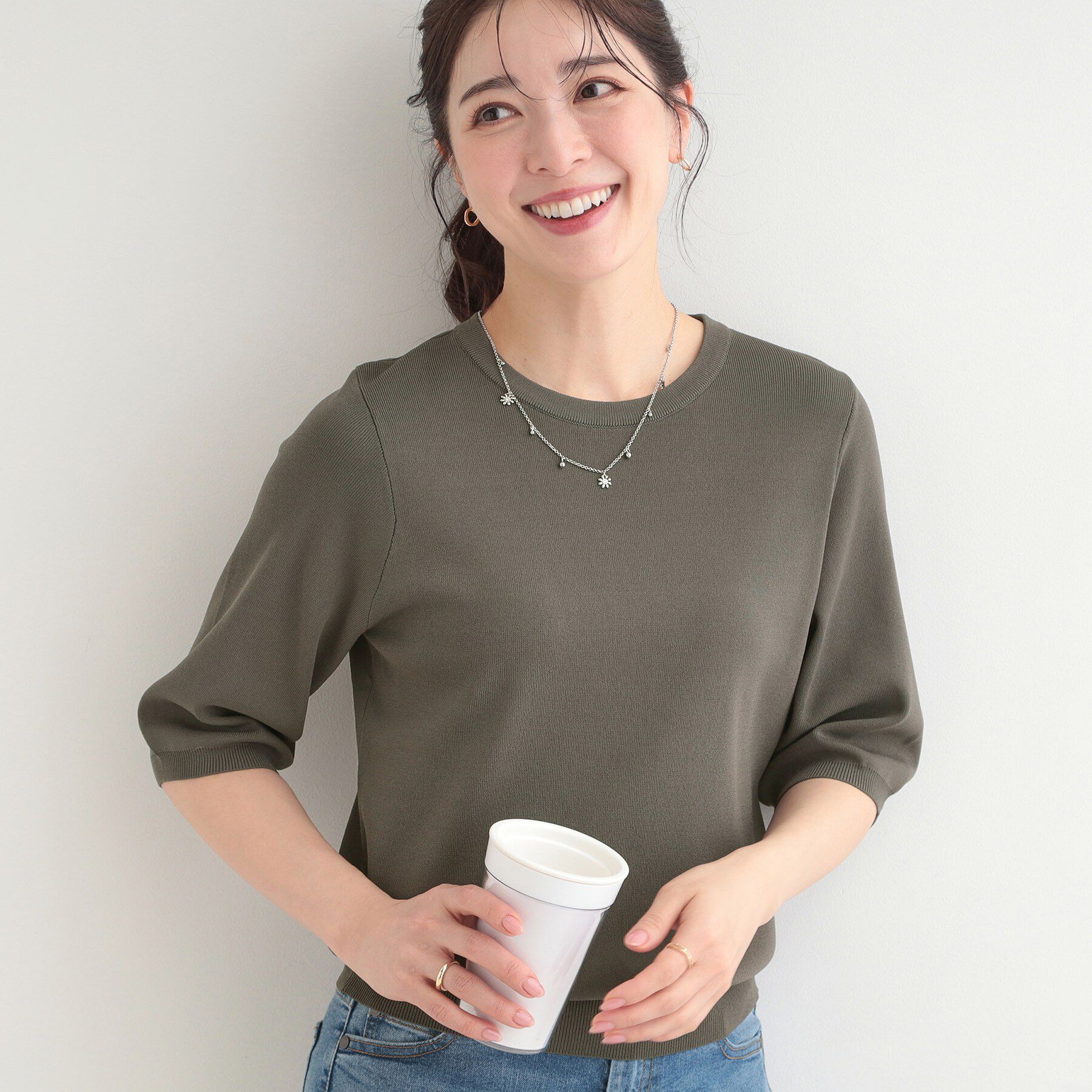 SHOO･LA･RUE「【毎日洗える/S-LL】上半身がすっきり見える　多機能5分袖ニット」|ニット・セーター|チャコールグレー(8