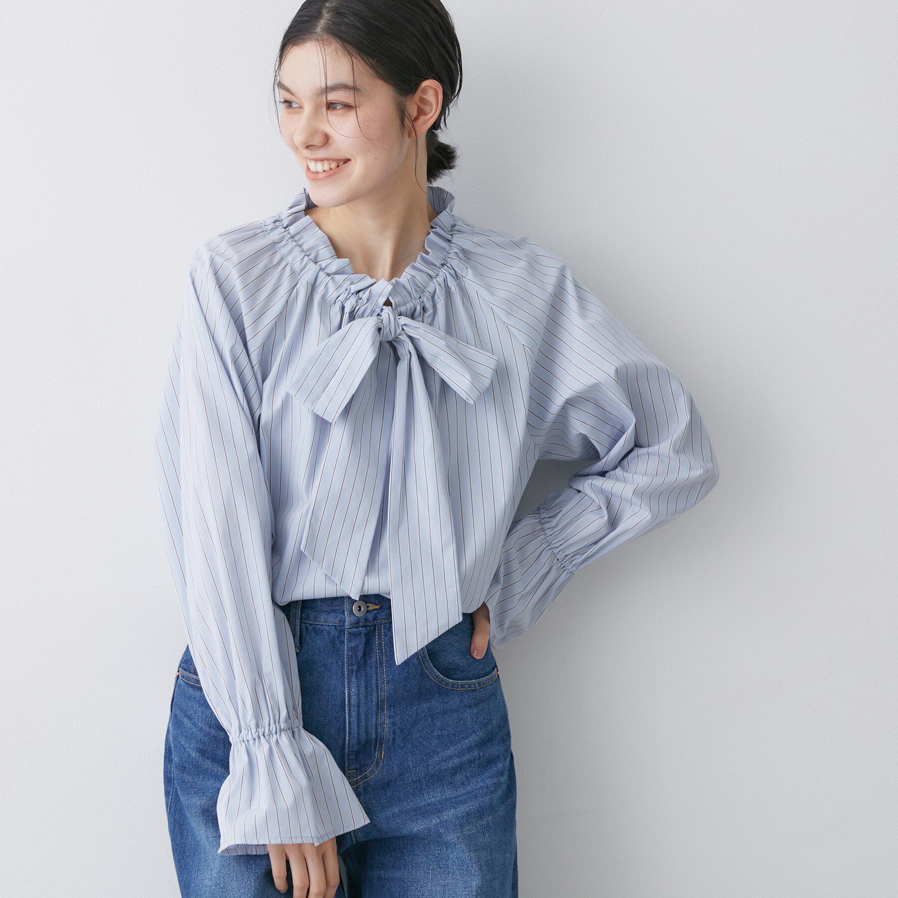 Dessin「【洗える】フリルボウタイストライプブラウス」|シャツ・ブラウス|