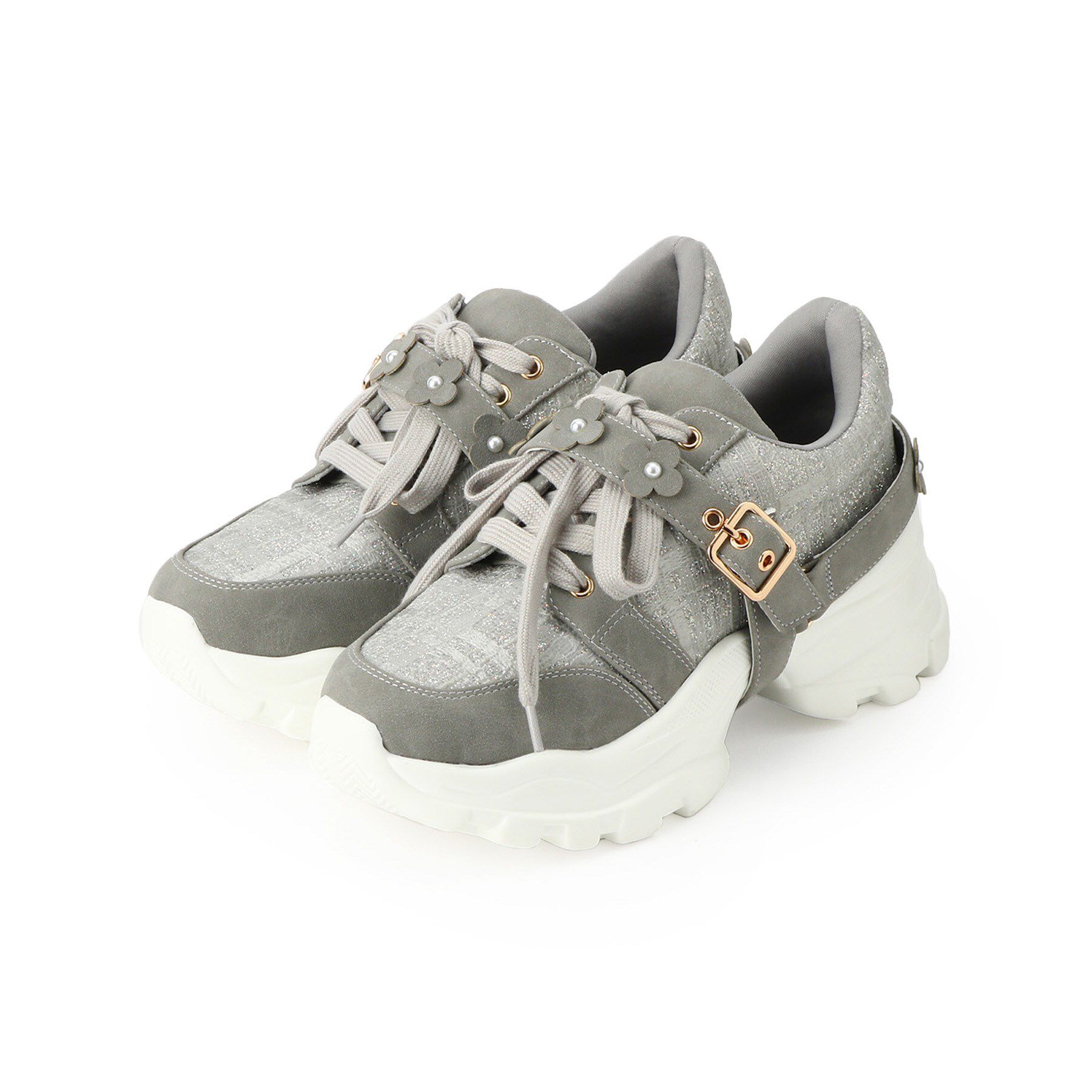 ESPERANZA「ツイード風フラワーベルト厚底スニーカー」|スニーカー|グレー(912)
