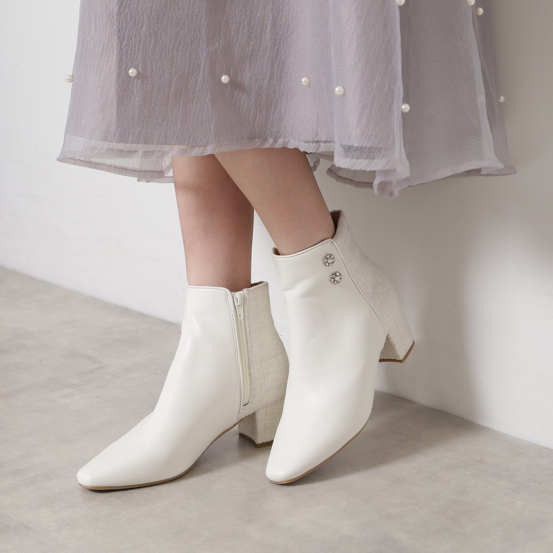 ESPERANZA「ビジュー付きツイードショートブーツ」|ショートブーツ|ホワイト(901)