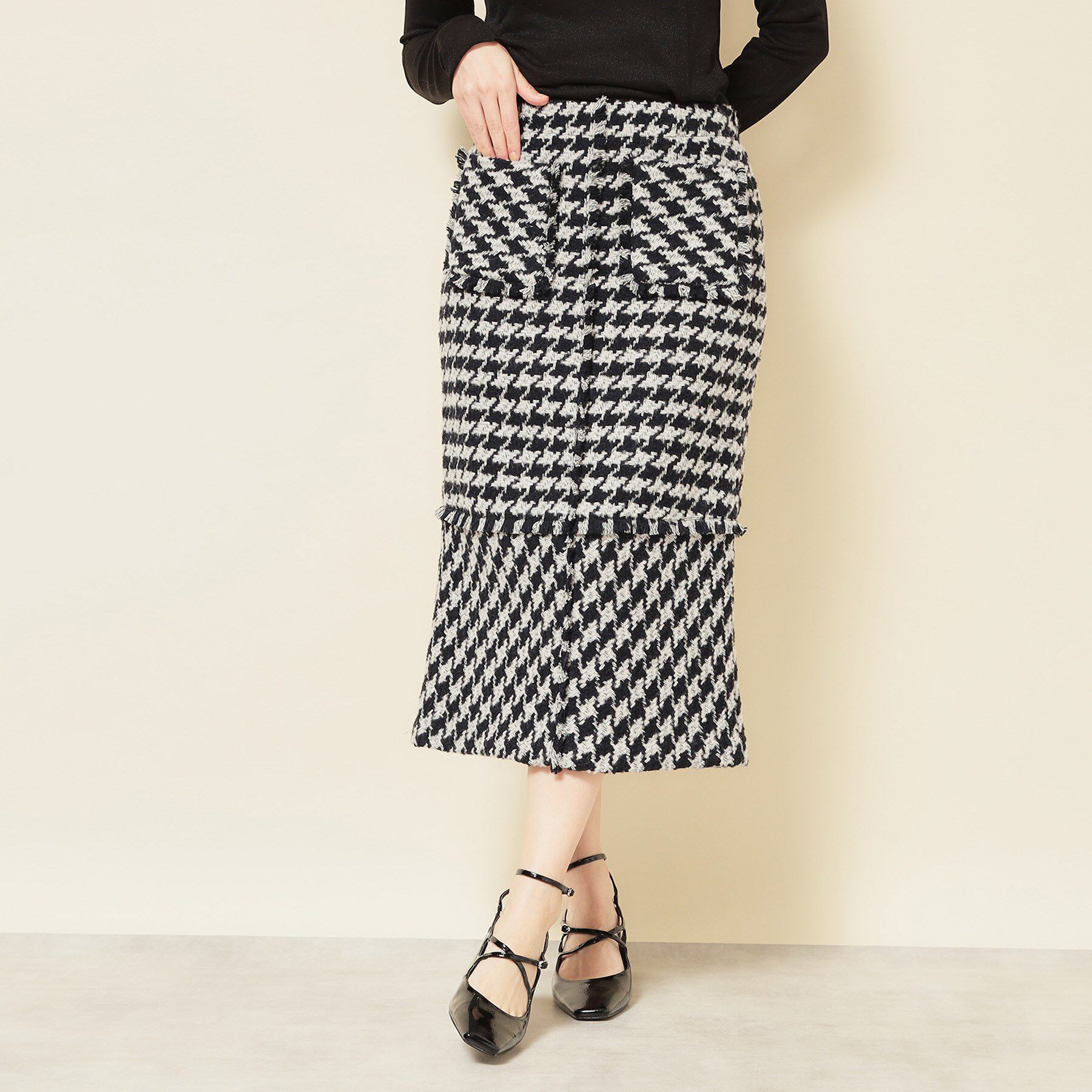 SunaUna「【COLLECTION LINE】ツイードフリンジスカート」|スカート|ブラック(419)