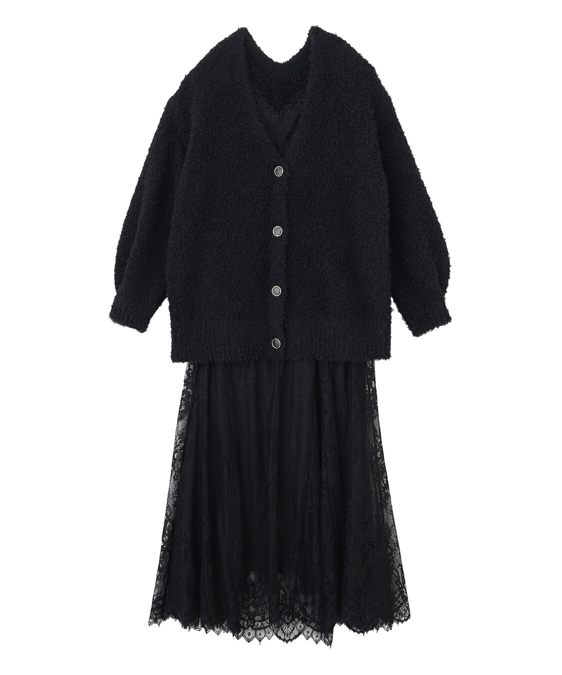 COCO DEAL「ニットカーデ&times;レースキャミワンピース」|ワンピース|ブラック