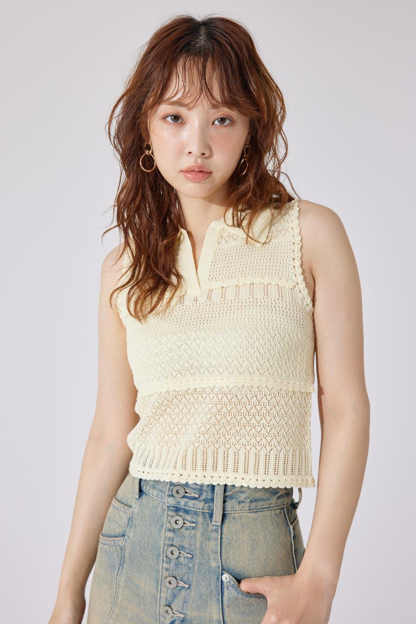 rienda「スキッパークロシェニットトップス」|シャツ・ブラウス|L/YEL1