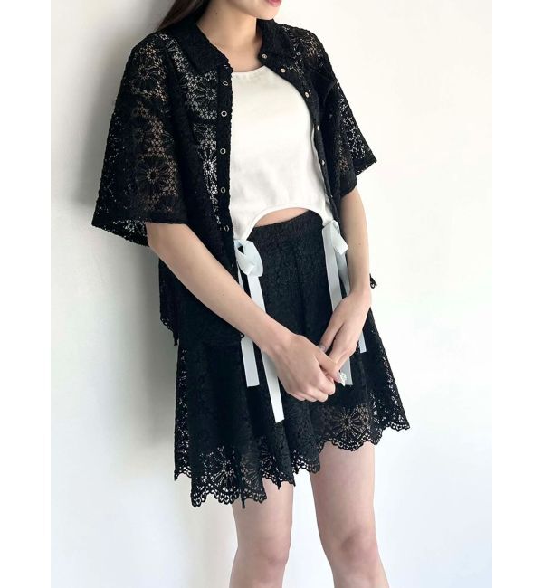 CALNAMUR「FLOWER LACE HALF SLEEVE SHIRTS/フラワーレースハーフスリーブシャツ」|シャツ・ブラウス|ブラック