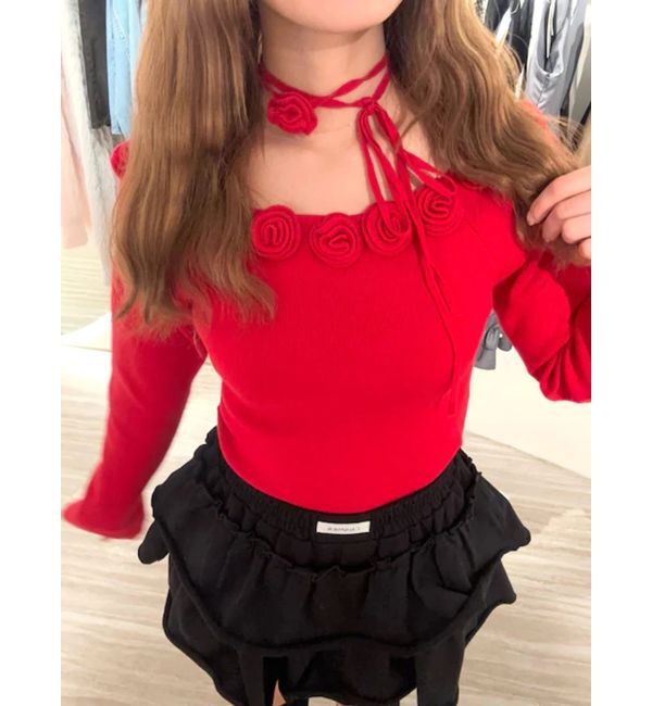 CALNAMUR「3Dローズチョーカー付きニット」|ニット・セーター|レッド