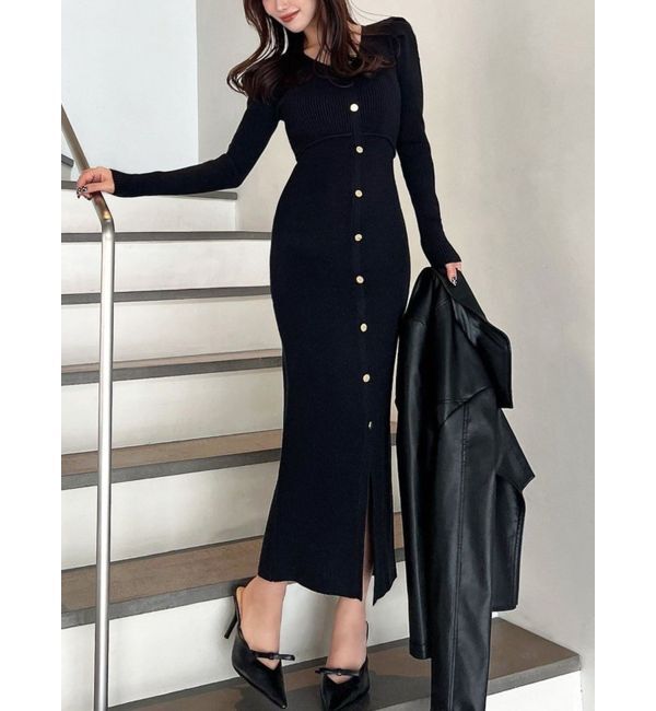 RESEXXY「ゴールドボタンタイトニットワンピース」|ワンピース|