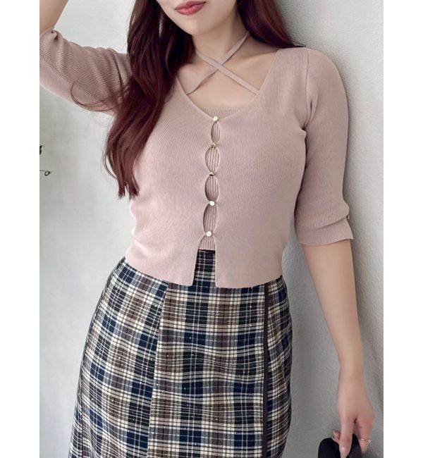 dazzlin「ハーフスリーブレイヤードカーデトップス」|ニット・セーター|ピンク