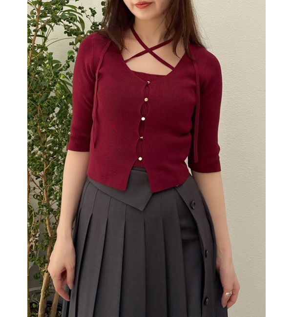 dazzlin「ハーフスリーブレイヤードカーデトップス」|ニット・セーター|ボルドー