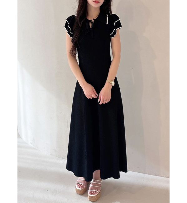 MERCURYDUO「ポロ衿ラッフルニットワンピース」|ワンピース|ブラック