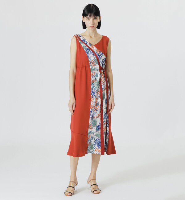  「【手洗い可】ブロッキングボタニカルプリントワンピース」|ワンピース|