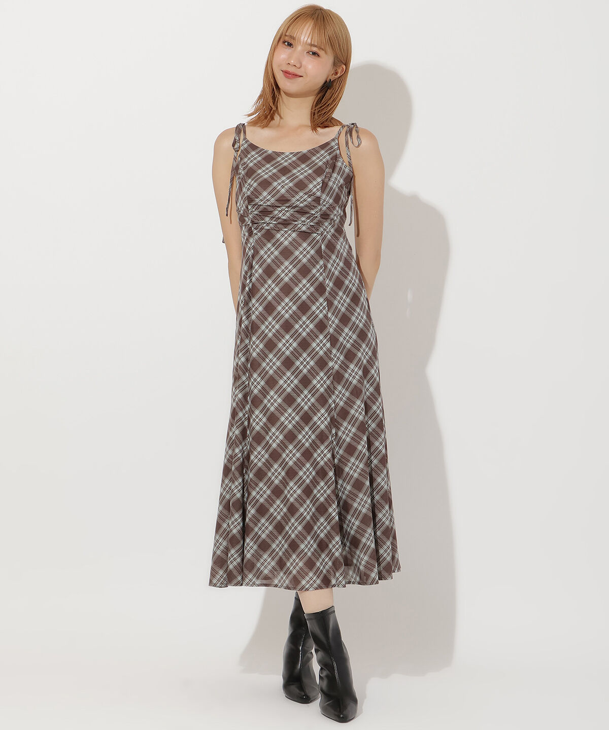 アンドクチュール「バイヤスチェックキャミワンピース」|ワンピース|カーキ