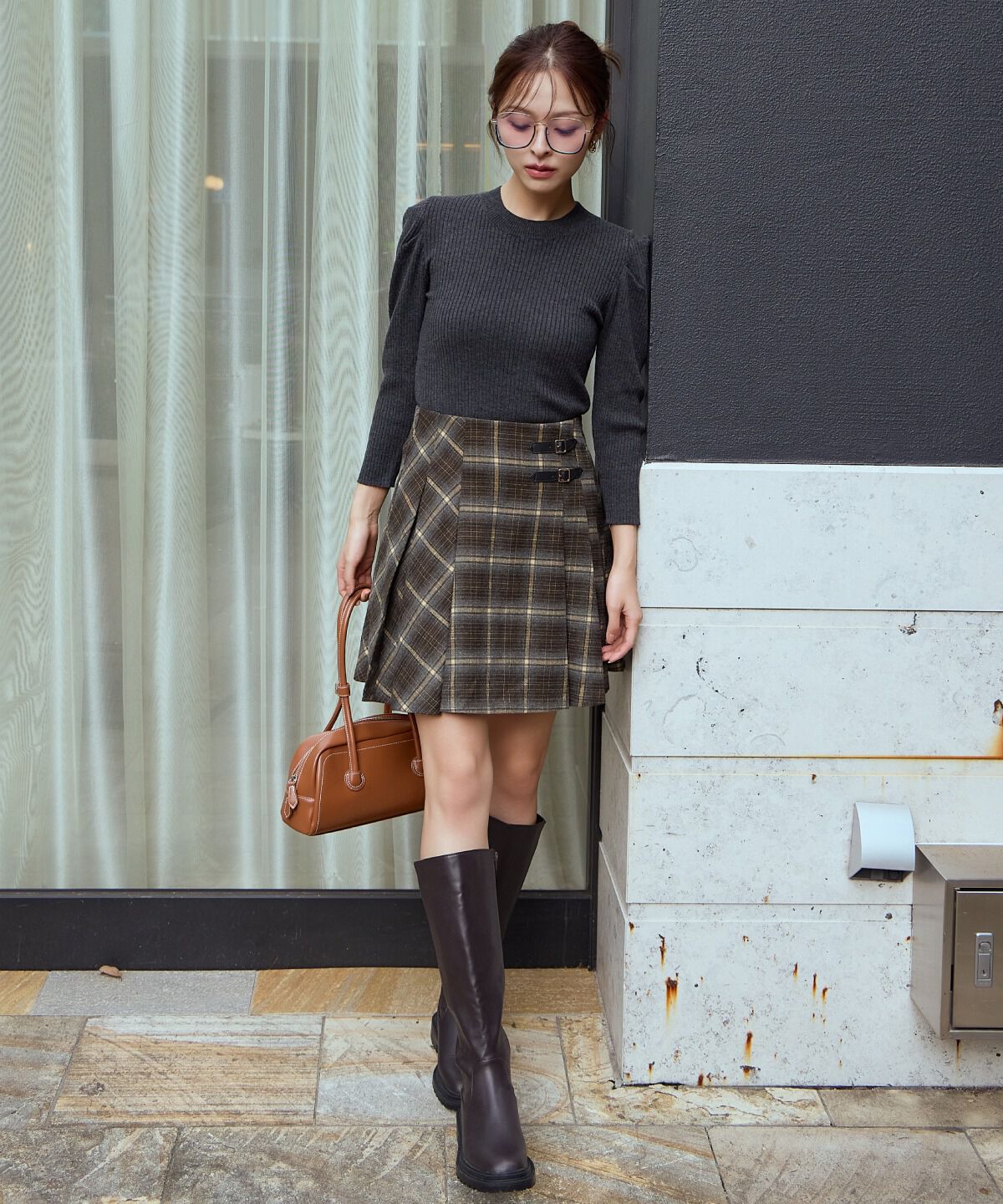 アンドクチュール「チェックミニスカート」|台形|ｸﾞﾚｰ系ﾁｪｯｸ