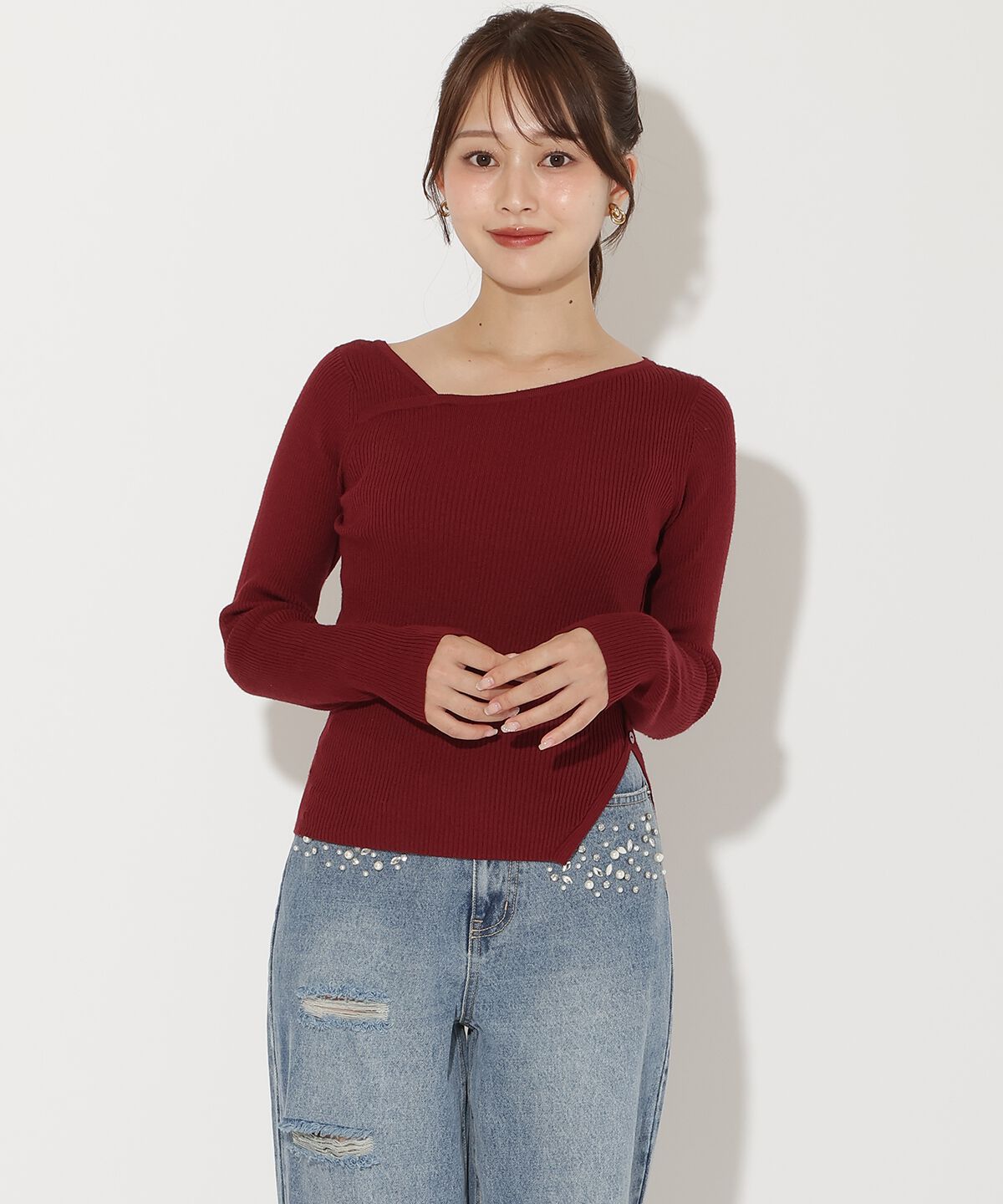 アンドクチュール「アシメＶネック長袖プルオーバー」|ニット・セーター|