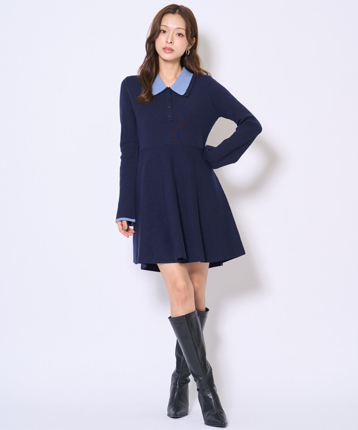 アンドクチュール「バイカラーポロニットフレアミニワンピース」|ワンピース|