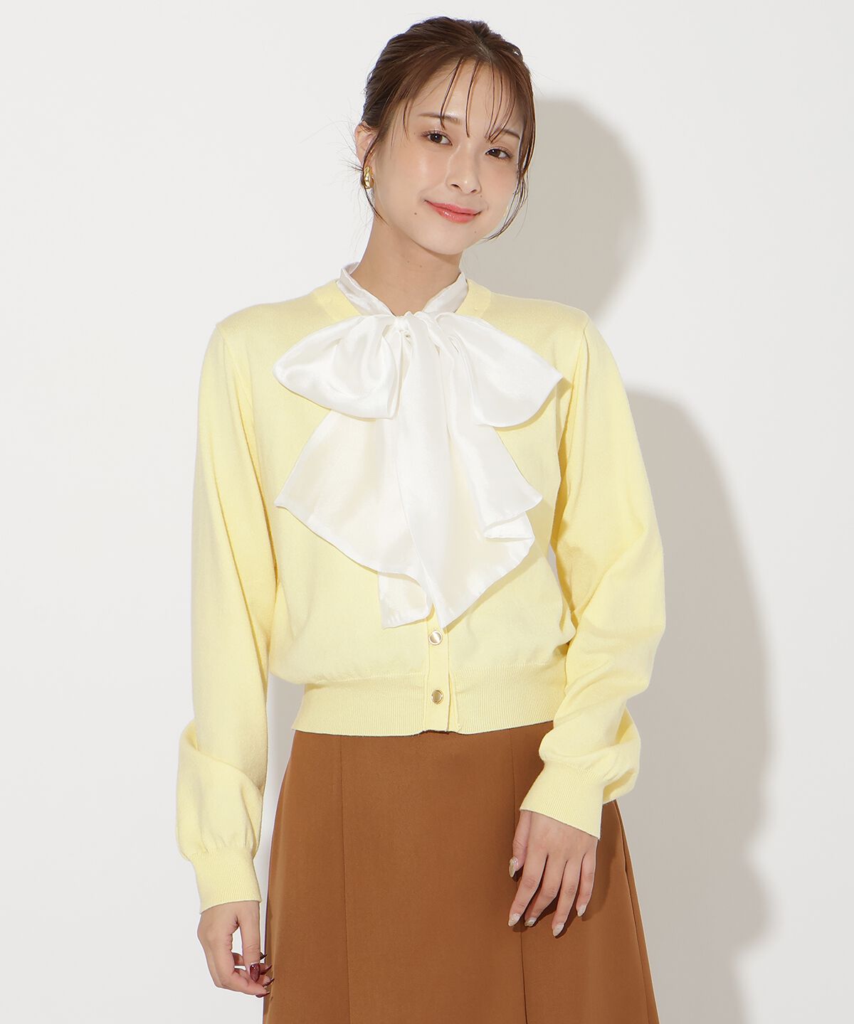 アンドクチュール「異素材リボンニットカーディガン」|カーディガン|クリーム