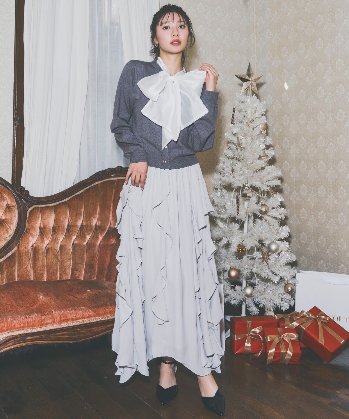 アンドクチュール「異素材リボンニットカーディガン」|カーディガン|