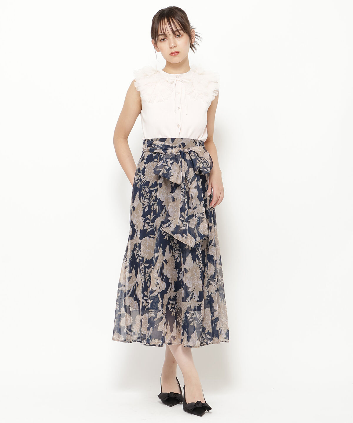 REDYAZEL「フラワープリントスカート」|フレア|ネイビー