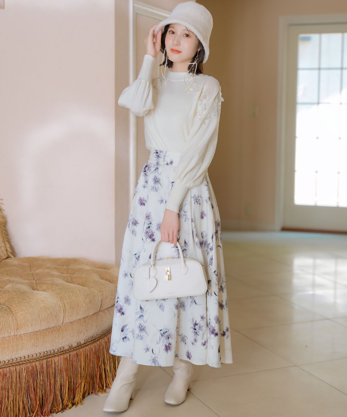 WILLSELECTION「フラワープリントボリュームタックスカート」|フレア|白系花柄