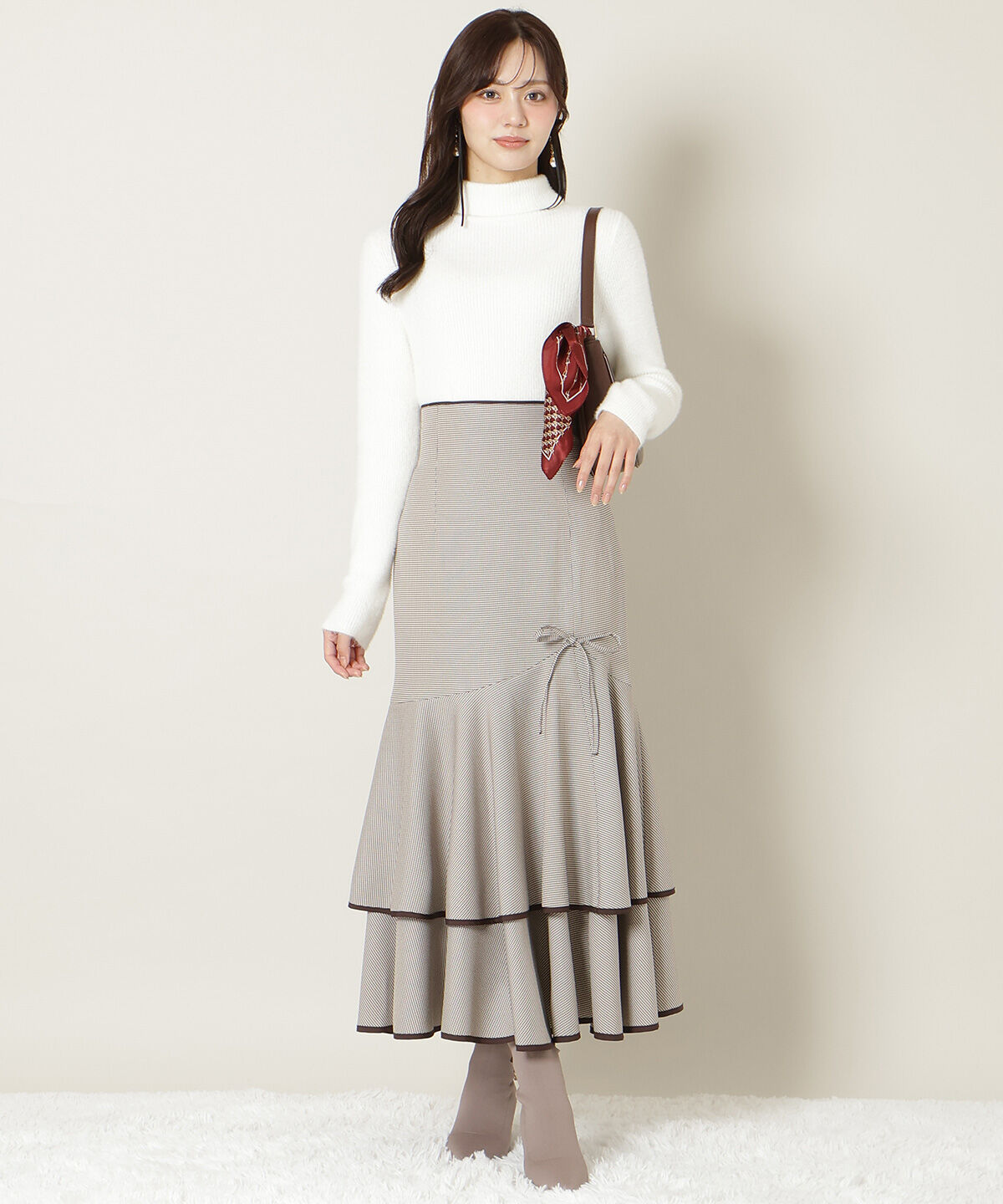 WILLSELECTION「パイピングヘムティアードスカート」|フレア|茶系チェック