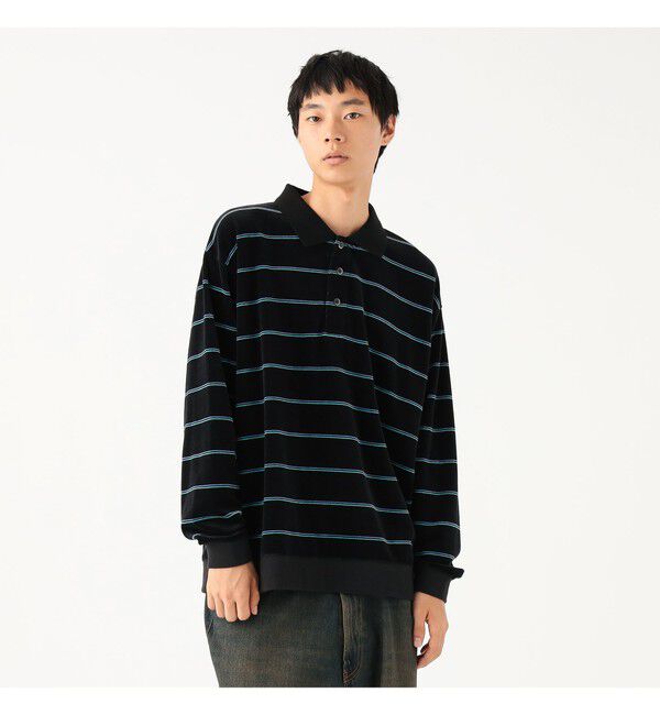 BEAMS「ワイドフィット ベロア ボーダー ポロシャツ」|ポロシャツ|BLACK