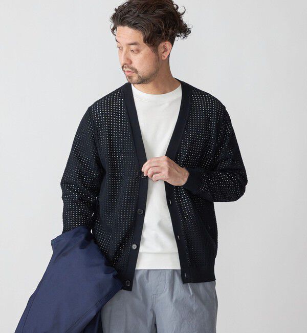 SHIPS「SHIPS:〈手洗い可能〉12ゲージ クロシェライク アイレット カーディガン」|カーディガン|ブラック