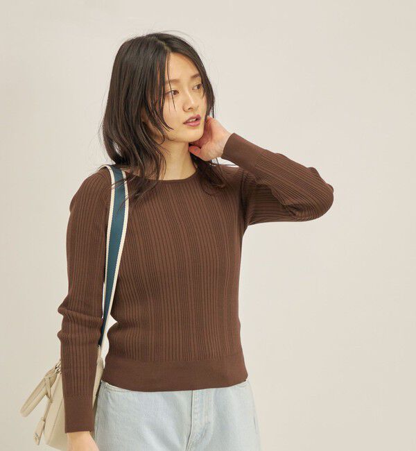 SHIPS for women「〈手洗い可能〉フェルガナ コットン ランダム リブ スクエアネック プルオーバー ◇」|ニット・セーター|ブラウン