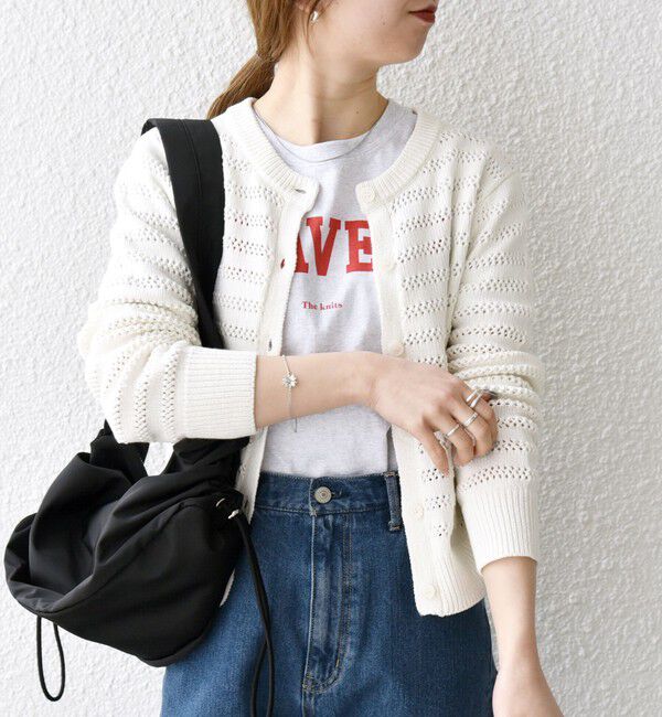 SHIPS any「SHIPS any: メッシュ ボーダー クルーネック カーディガン」|カーディガン|オフホワイト