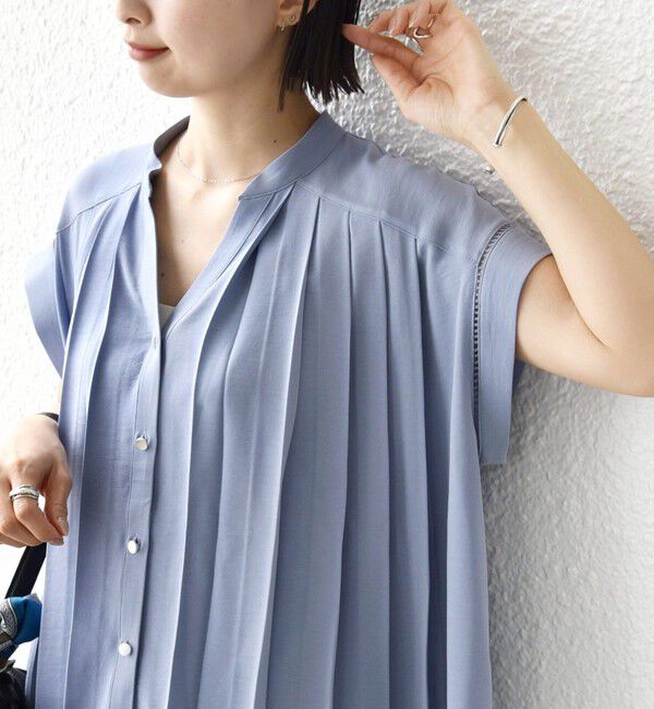 SHIPS for women「《予約》【WEB限定】〈手洗い可能〉ストレッチ ジョーゼット プリーツ スキッパー ブラウス」|シャツ・ブラウス|スカイブルー